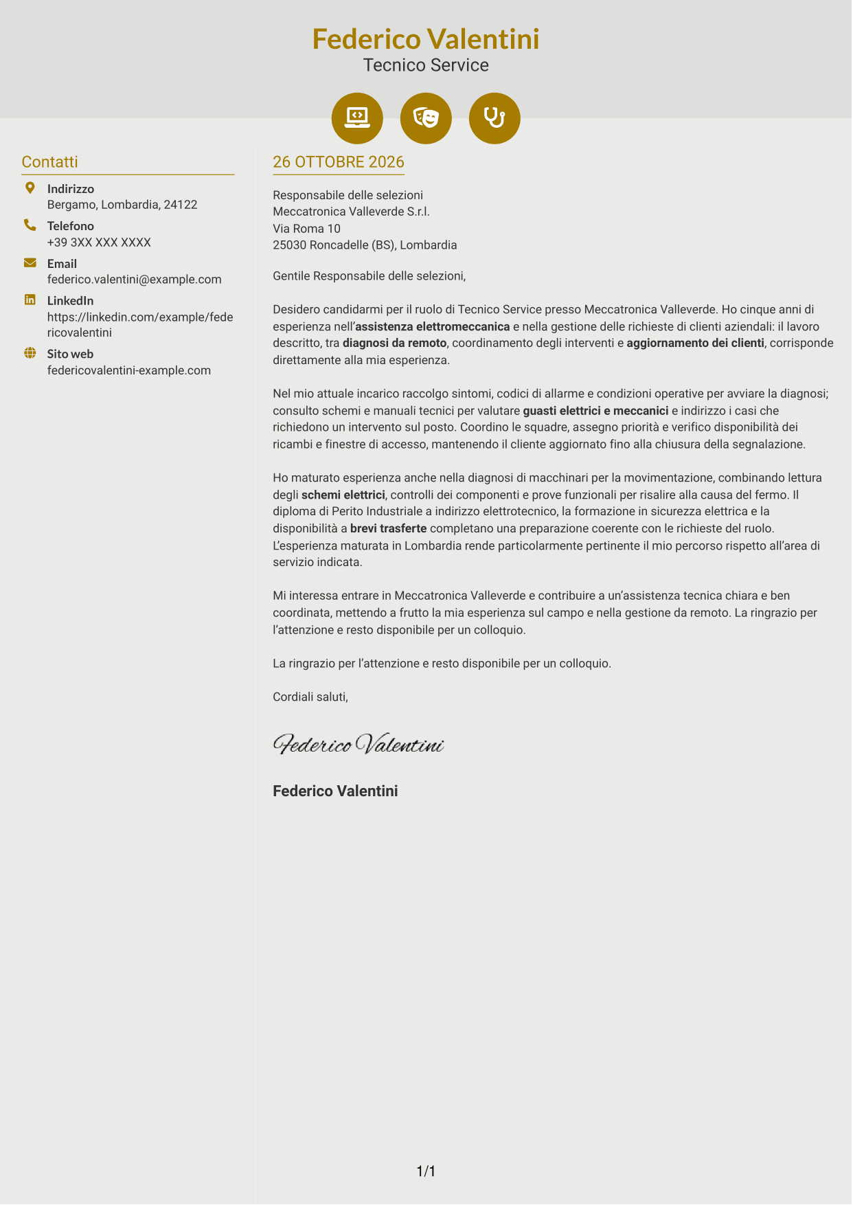 Lettera di presentazione Dinamico (formato a due colonne con icone): Tecnico Service - Assistenza elettromeccanica, pagina 1