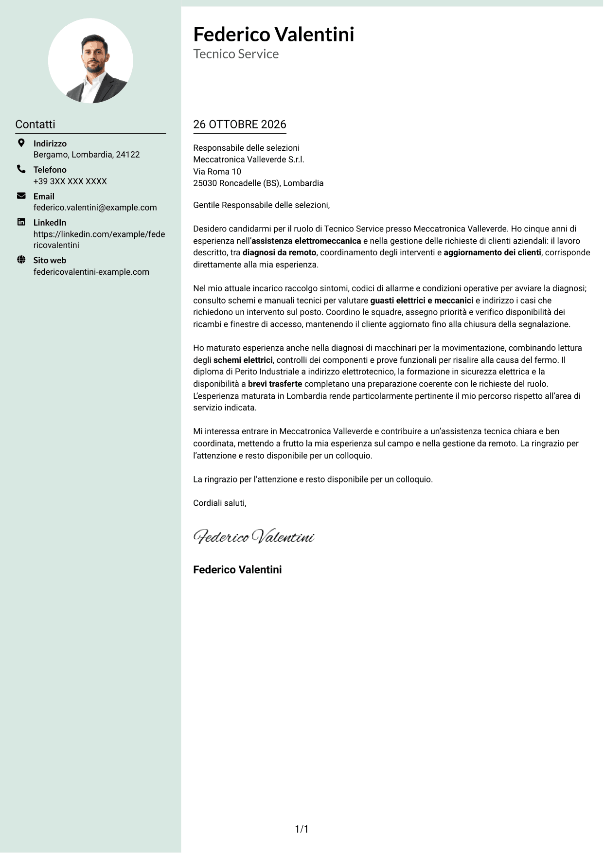 Lettera di presentazione Dirigente (formato con colonna laterale tenue e foto arrotondata): Tecnico Service - Assistenza elettromeccanica, pagina 1