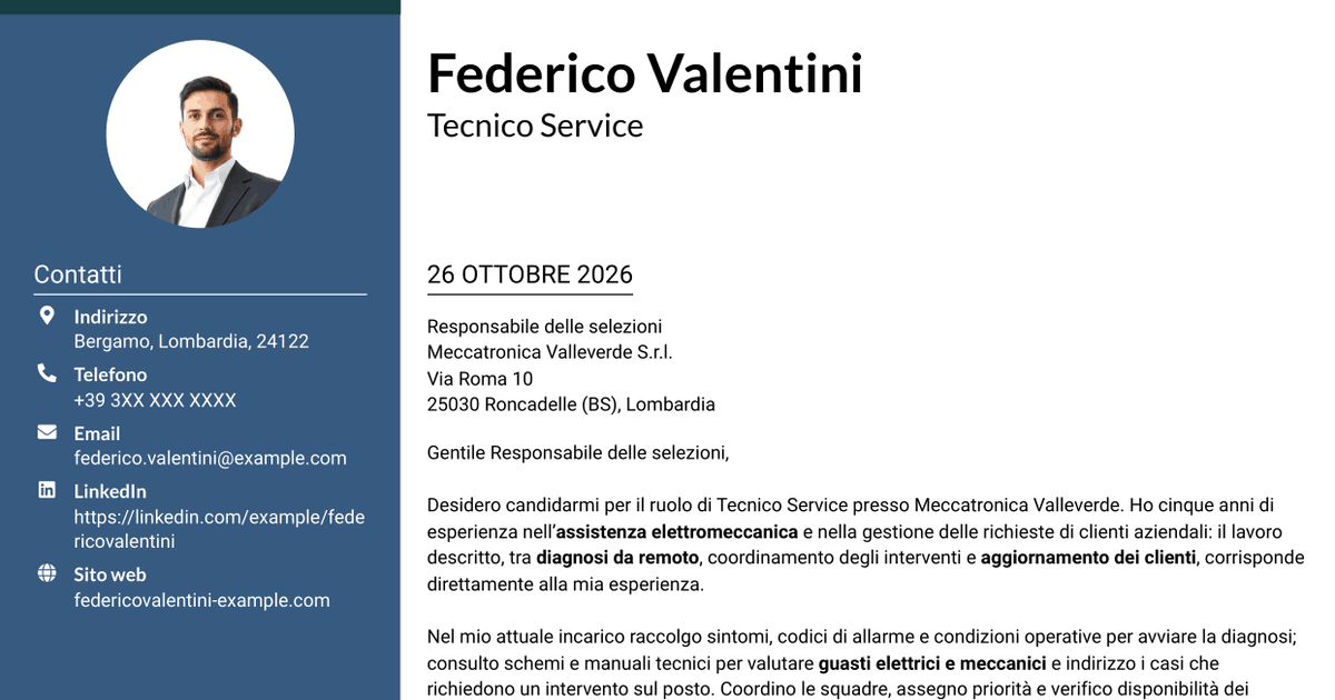 7 modelli di lettera di presentazione per Tecnico Service - Assistenza elettromeccanica, con esempi