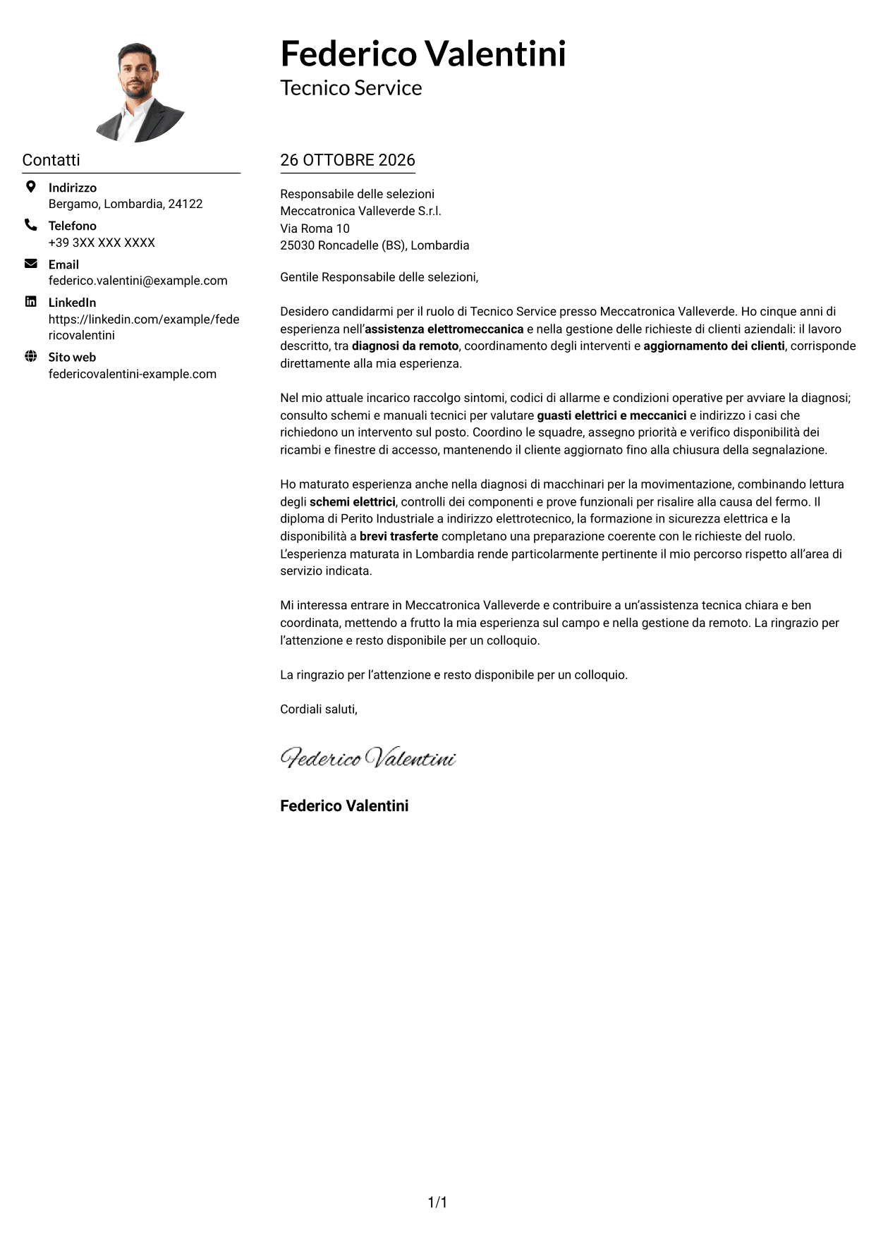 Esempio di lettera di presentazione — pagina 1