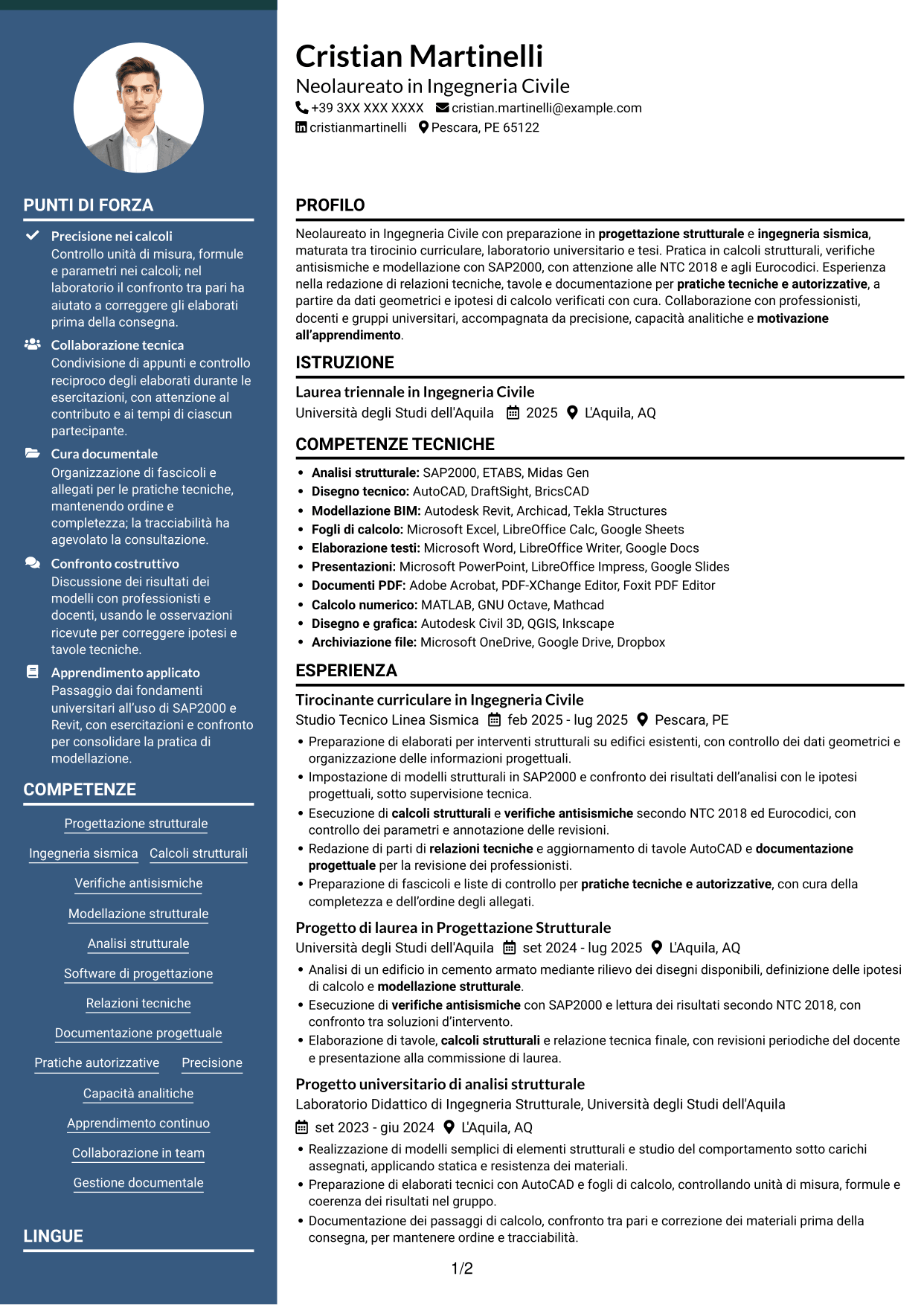 CV Elegante (formato con colonna laterale colorata e foto): Tirocinante Architetto o Ingegnere Civile - Progettazione Strutturale e Sismica, pagina 1