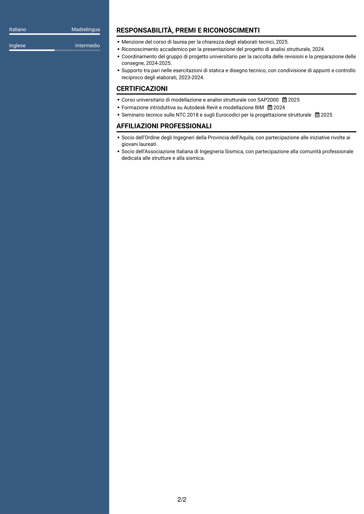 CV Elegante (formato con colonna laterale colorata e foto): Tirocinante Architetto o Ingegnere Civile - Progettazione Strutturale e Sismica, pagina 2