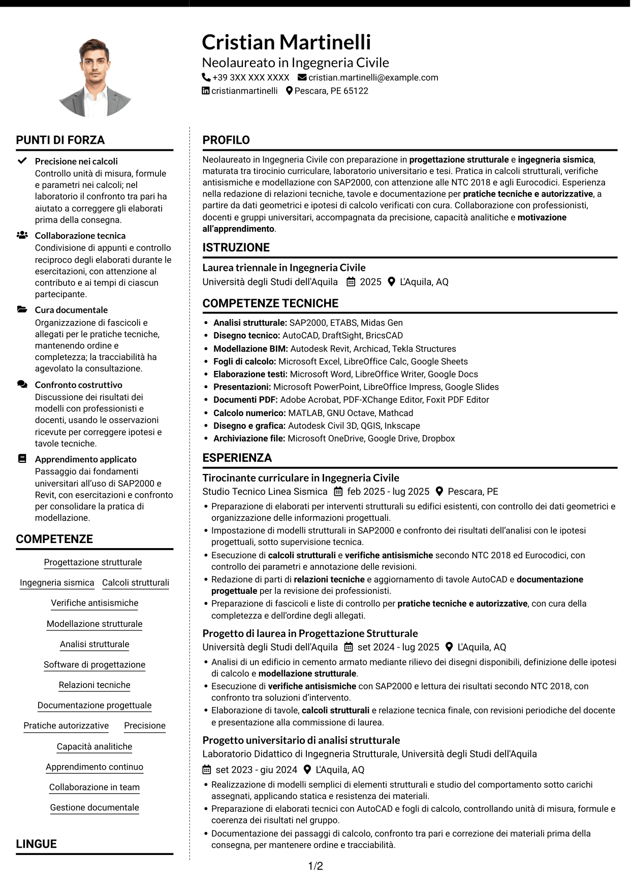 CV Moderno (formato a due colonne con foto a sinistra e separatore): Tirocinante Architetto o Ingegnere Civile - Progettazione Strutturale e Sismica, pagina 1
