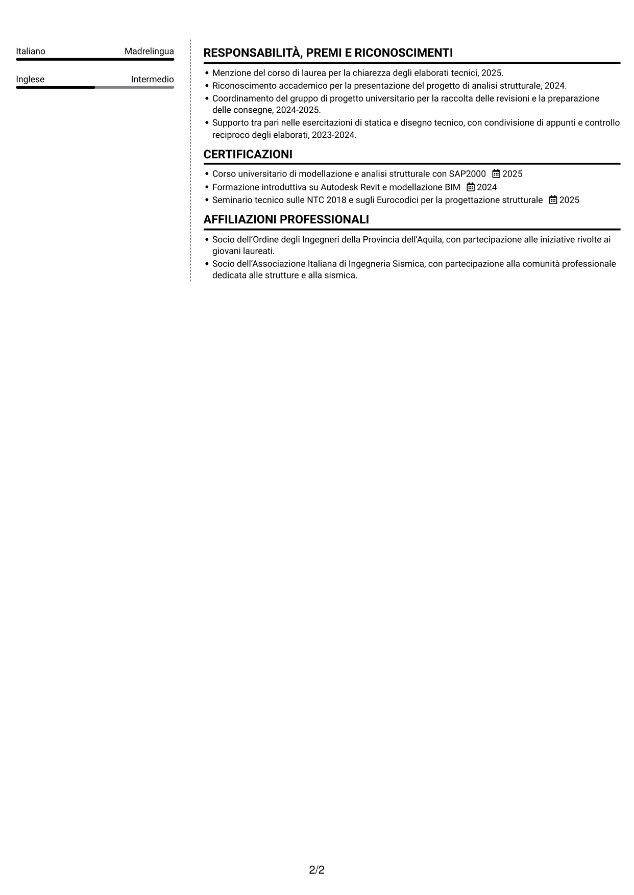 CV Moderno (formato a due colonne con foto a sinistra e separatore): Tirocinante Architetto o Ingegnere Civile - Progettazione Strutturale e Sismica, pagina 2