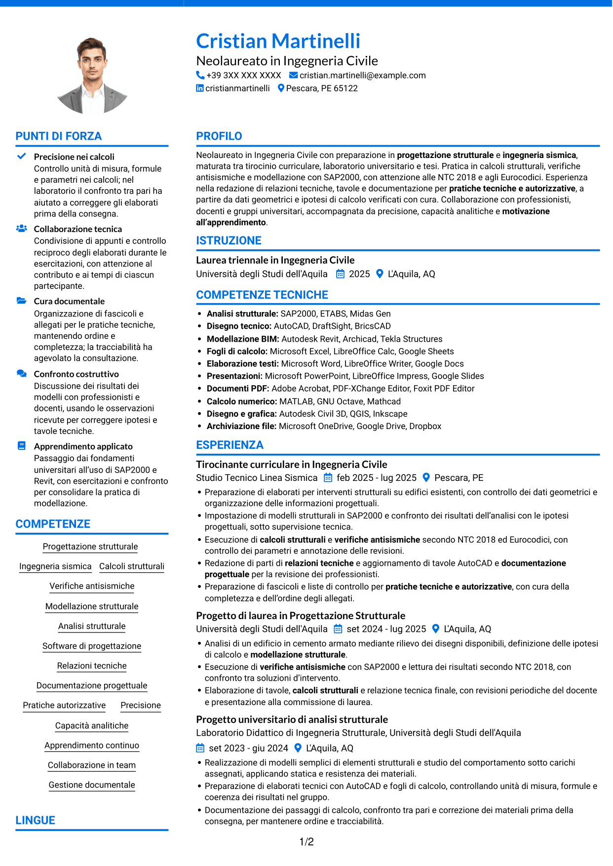 CV Audace (formato a due colonne con accenti colorati e foto): Tirocinante Architetto o Ingegnere Civile - Progettazione Strutturale e Sismica, pagina 1