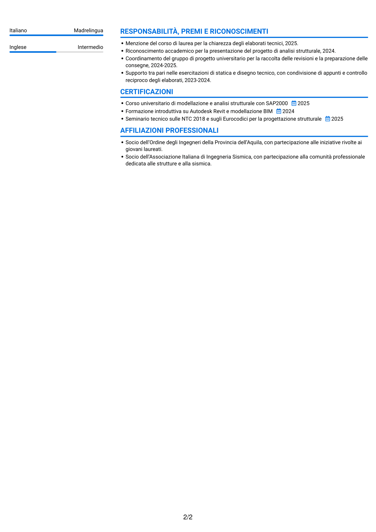 CV Audace (formato a due colonne con accenti colorati e foto): Tirocinante Architetto o Ingegnere Civile - Progettazione Strutturale e Sismica, pagina 2