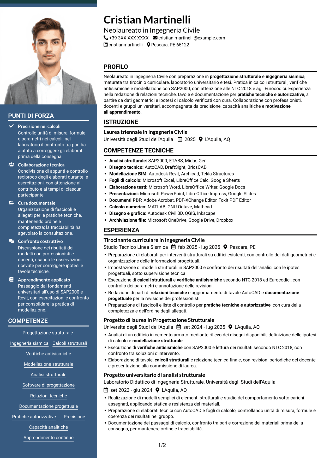 CV Signature (formato con colonna laterale colorata e foto grande): Tirocinante Architetto o Ingegnere Civile - Progettazione Strutturale e Sismica, pagina 1