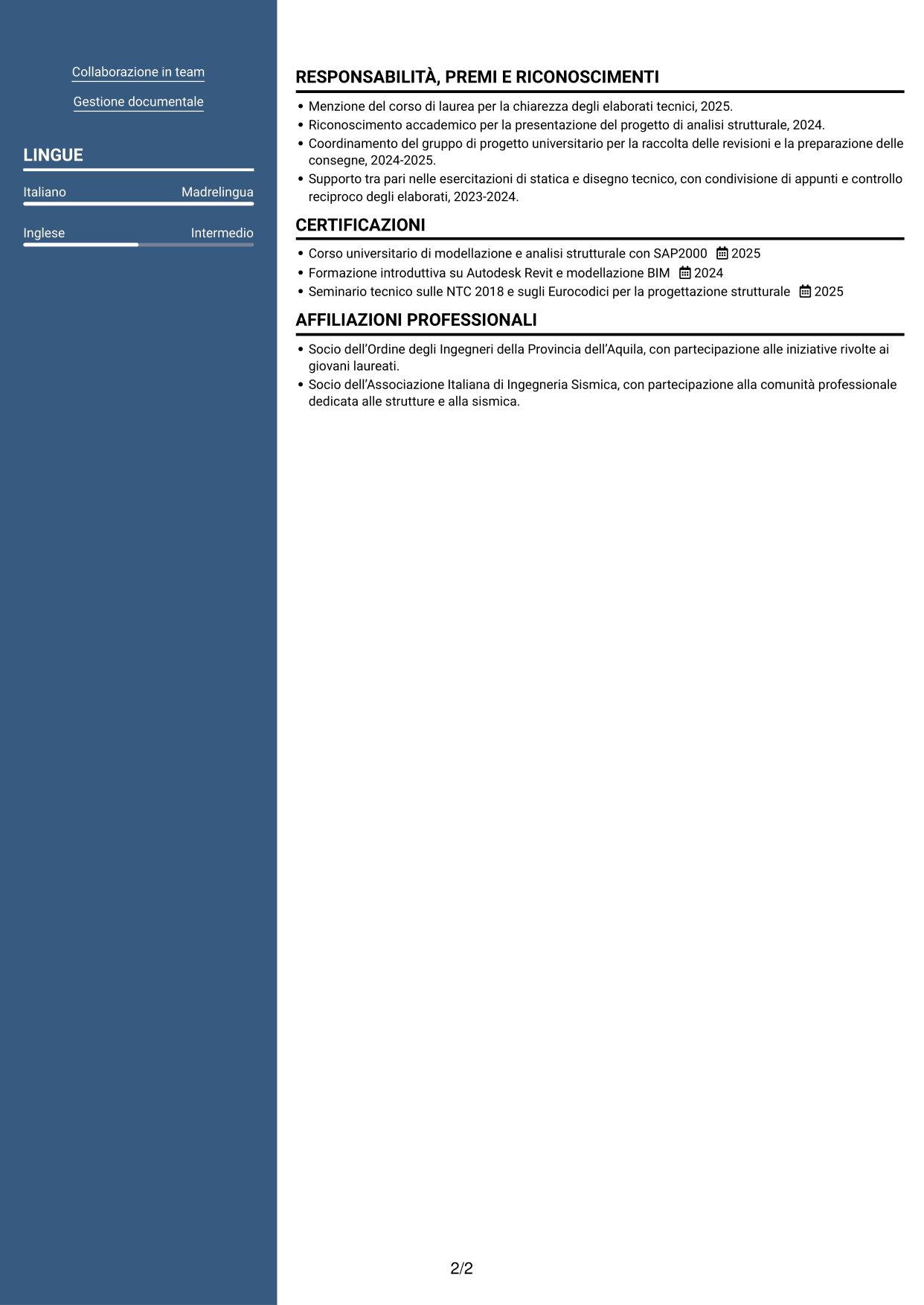 CV Signature (formato con colonna laterale colorata e foto grande): Tirocinante Architetto o Ingegnere Civile - Progettazione Strutturale e Sismica, pagina 2