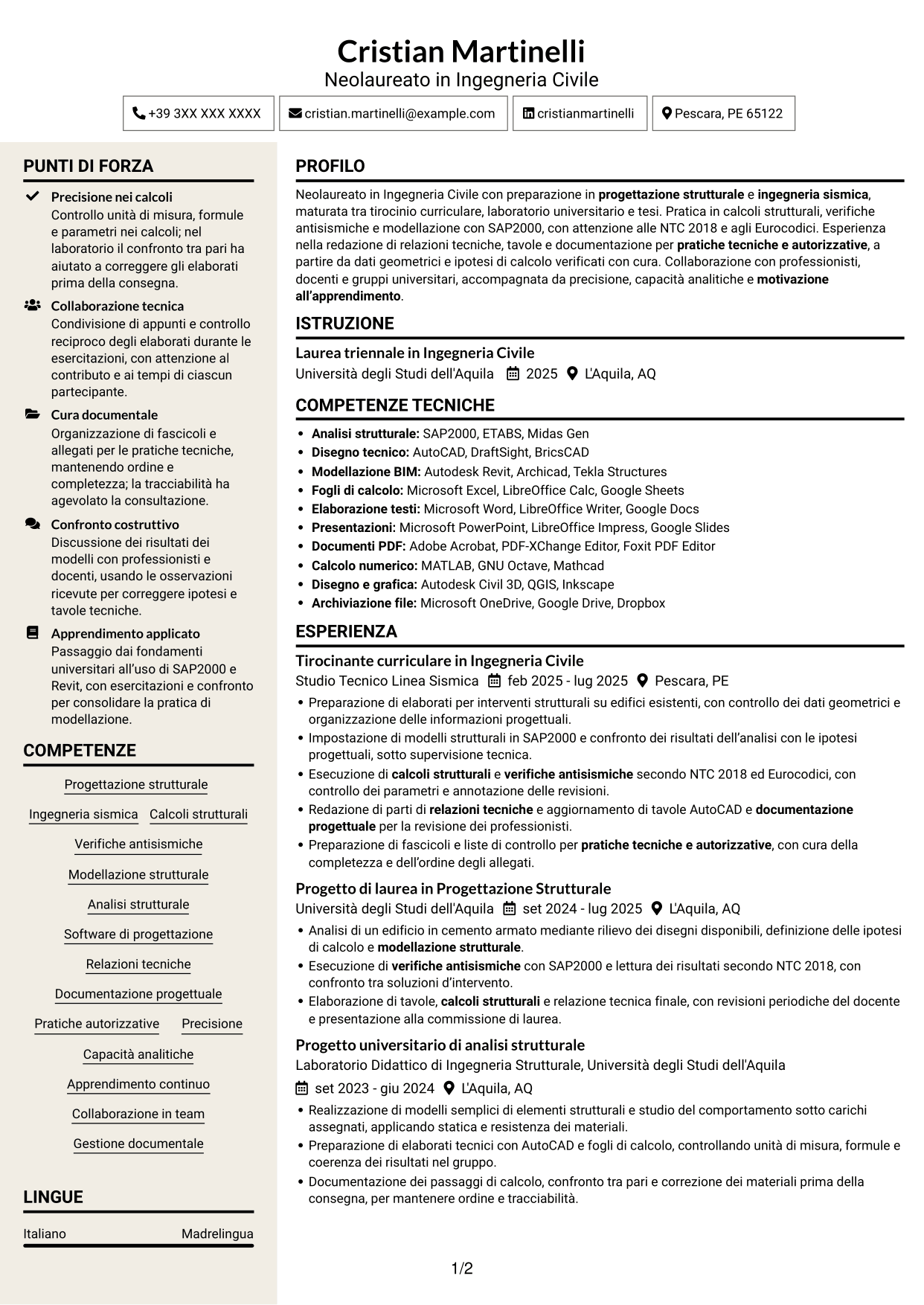 CV Intraprendente (formato a due colonne con intestazione centrata senza foto): Tirocinante Architetto o Ingegnere Civile - Progettazione Strutturale e Sismica, pagina 1
