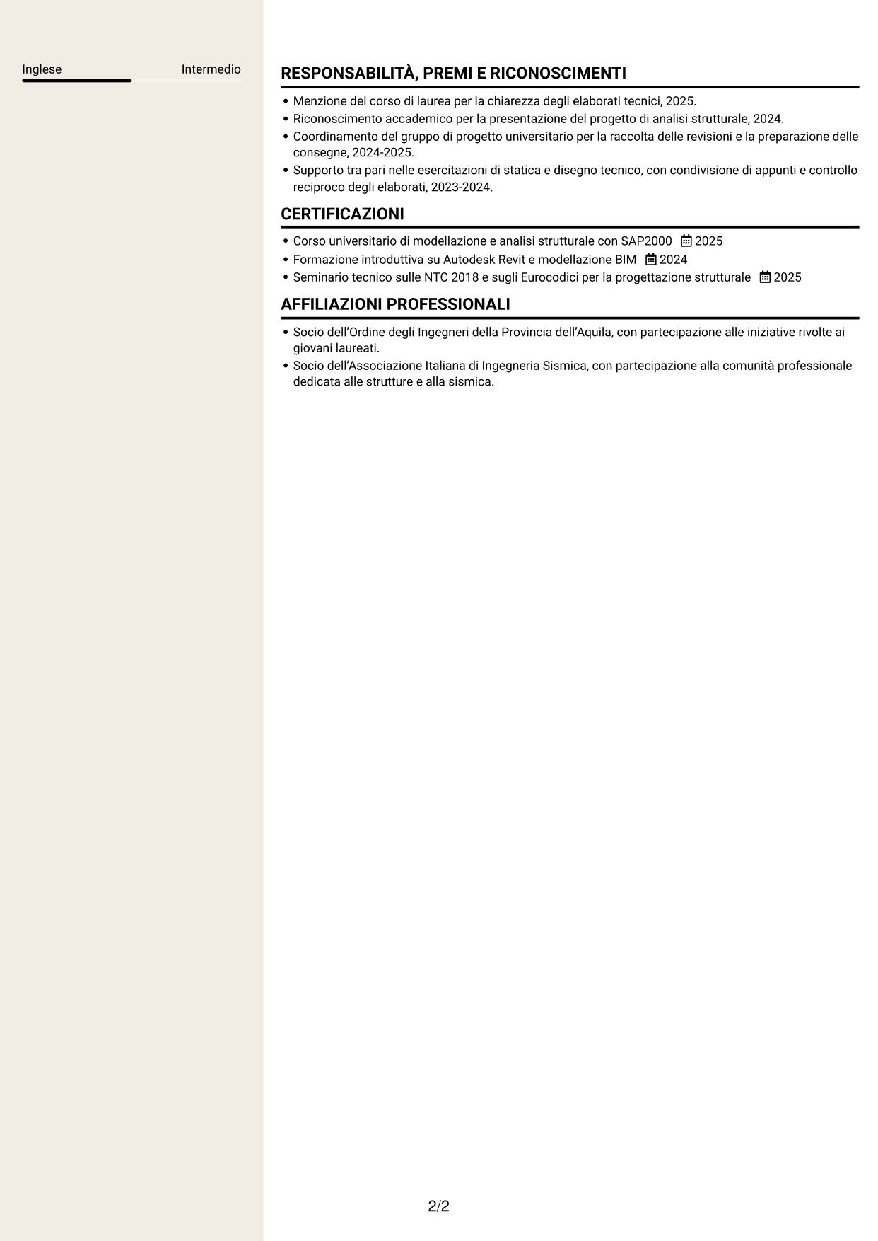CV Intraprendente (formato a due colonne con intestazione centrata senza foto): Tirocinante Architetto o Ingegnere Civile - Progettazione Strutturale e Sismica, pagina 2