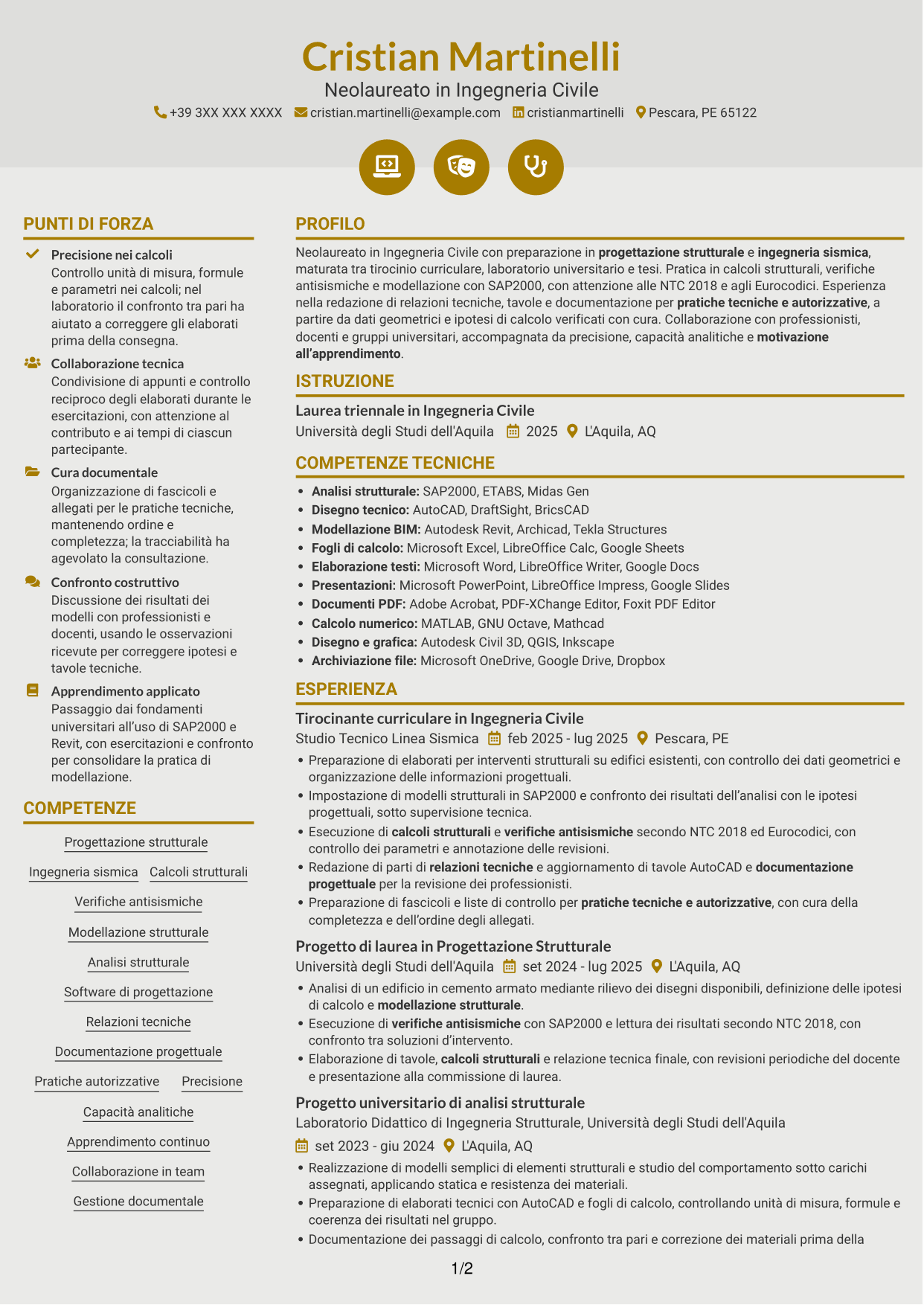 CV Dinamico (formato a due colonne con icone): Tirocinante Architetto o Ingegnere Civile - Progettazione Strutturale e Sismica, pagina 1