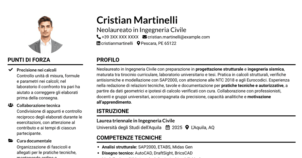 7 modelli di CV per Tirocinante Architetto o Ingegnere Civile - Progettazione Strutturale e Sismica, con esempi