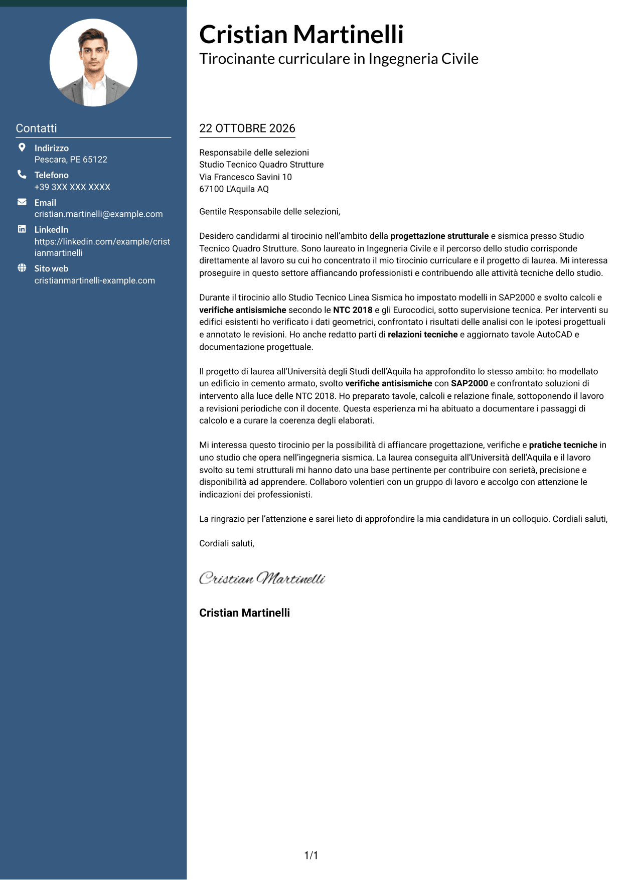 Lettera di presentazione Elegante (formato con colonna laterale colorata e foto): Tirocinante Architetto o Ingegnere Civile - Progettazione Strutturale e Sismica, pagina 1