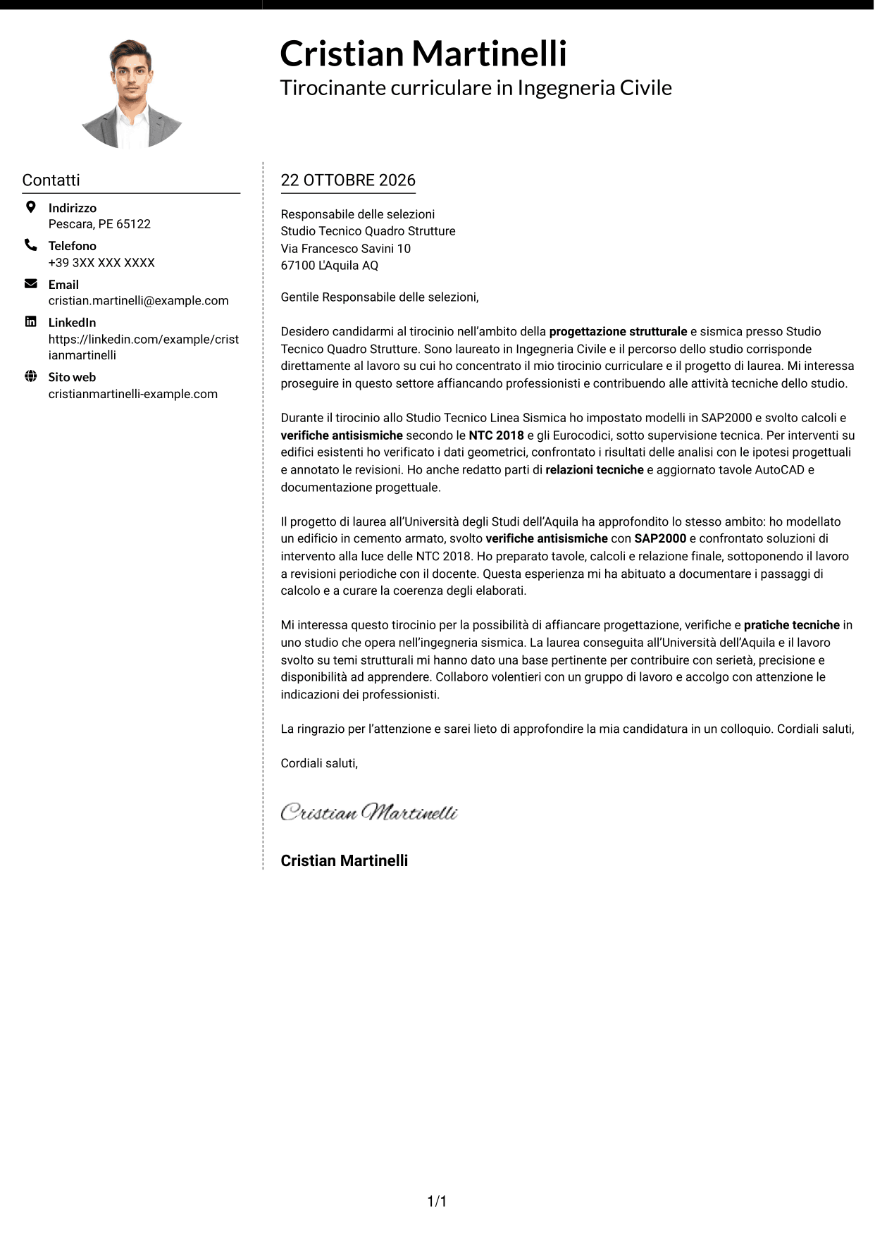 Lettera di presentazione Moderno (formato a due colonne con foto a sinistra e separatore): Tirocinante Architetto o Ingegnere Civile - Progettazione Strutturale e Sismica, pagina 1