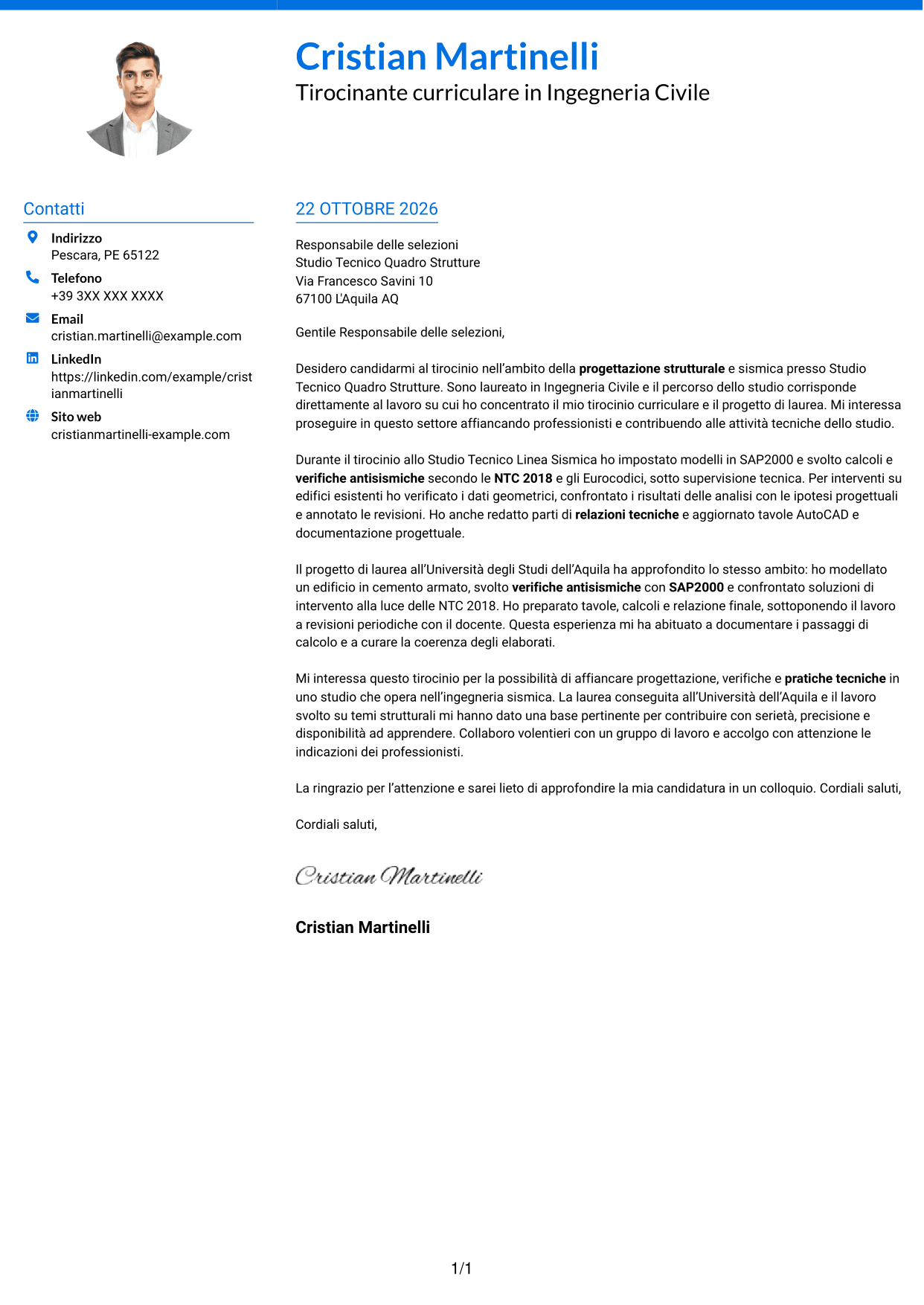 Lettera di presentazione Audace (formato a due colonne con accenti colorati e foto): Tirocinante Architetto o Ingegnere Civile - Progettazione Strutturale e Sismica, pagina 1