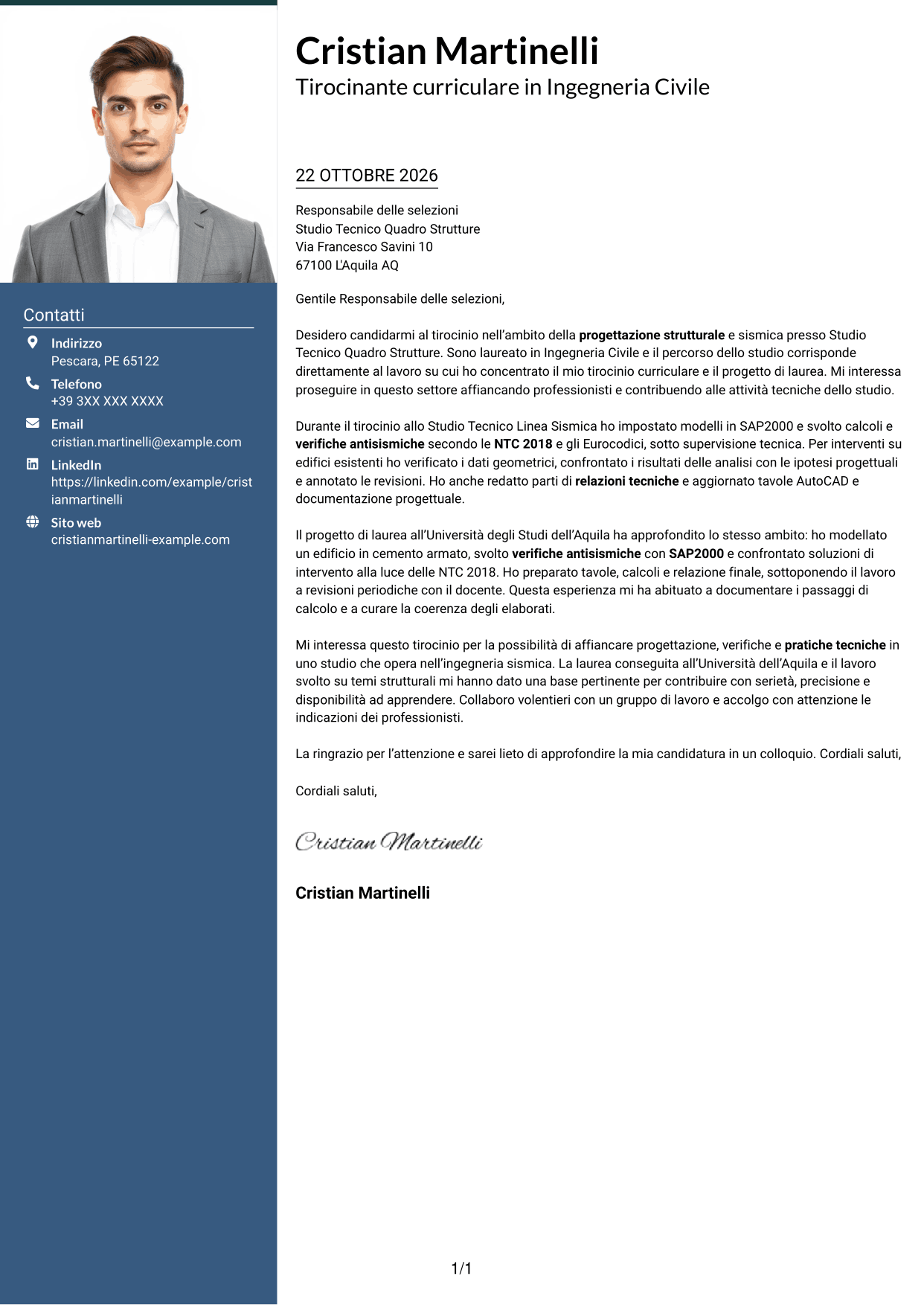 Lettera di presentazione Signature (formato con colonna laterale colorata e foto grande): Tirocinante Architetto o Ingegnere Civile - Progettazione Strutturale e Sismica, pagina 1