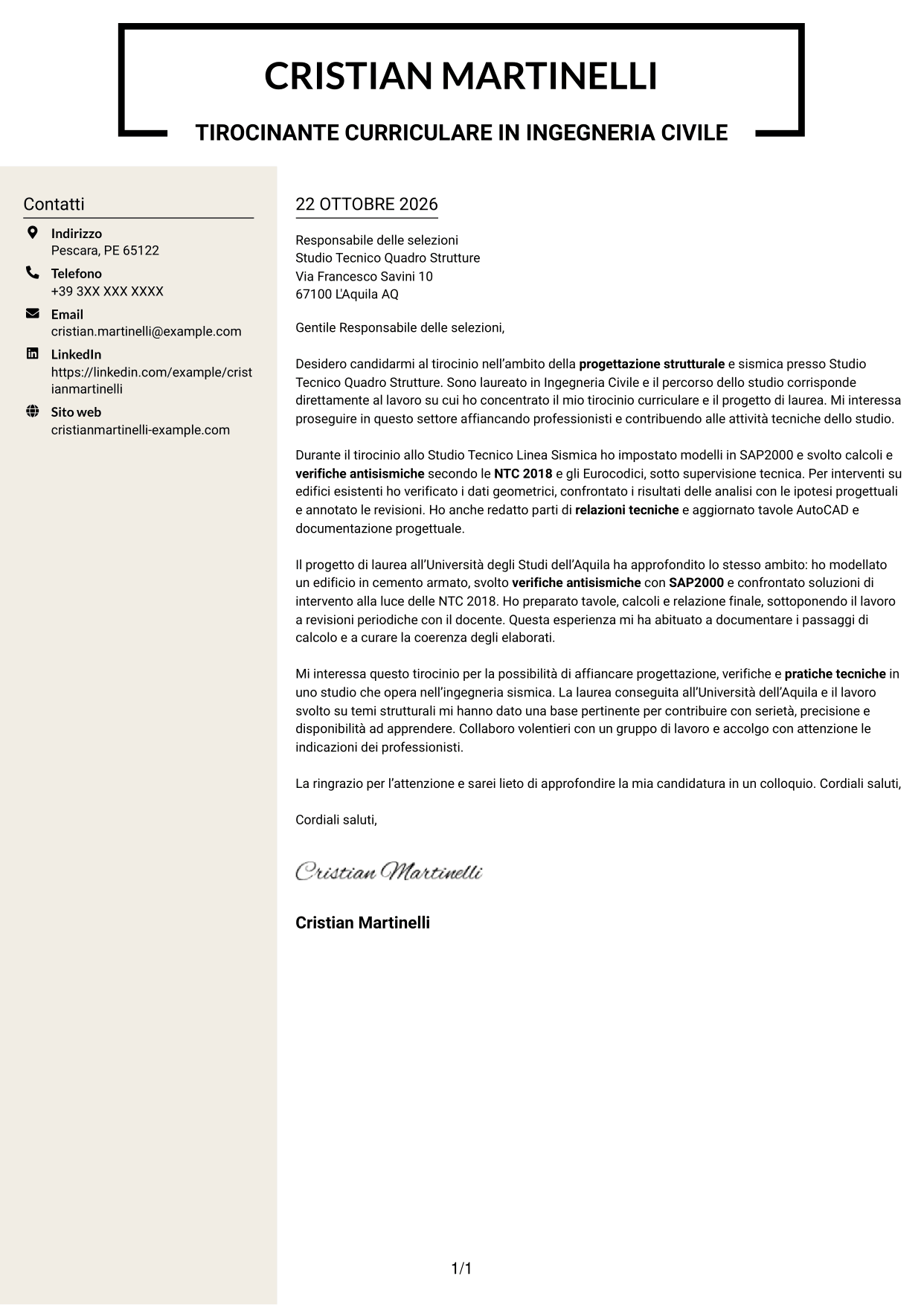 Lettera di presentazione Intraprendente (formato a due colonne con intestazione centrata senza foto): Tirocinante Architetto o Ingegnere Civile - Progettazione Strutturale e Sismica, pagina 1