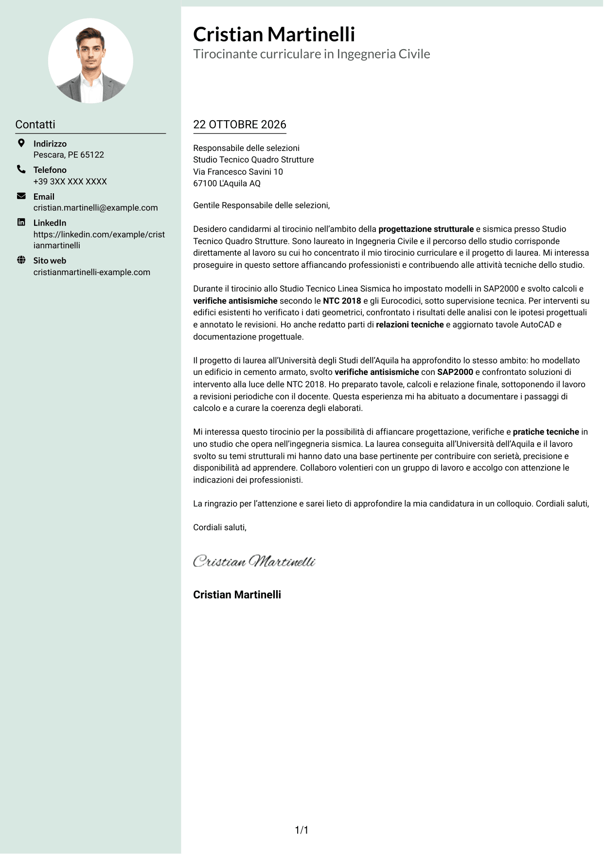 Lettera di presentazione Dirigente (formato con colonna laterale tenue e foto arrotondata): Tirocinante Architetto o Ingegnere Civile - Progettazione Strutturale e Sismica, pagina 1