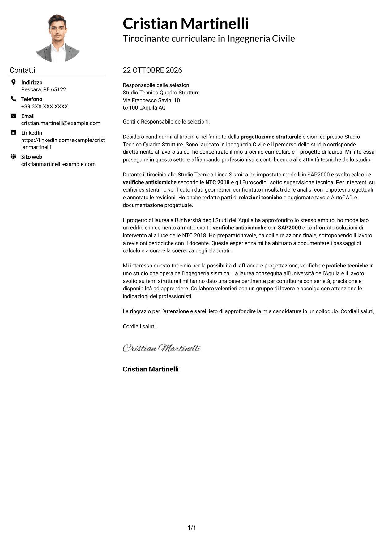 Esempio di lettera di presentazione — pagina 1