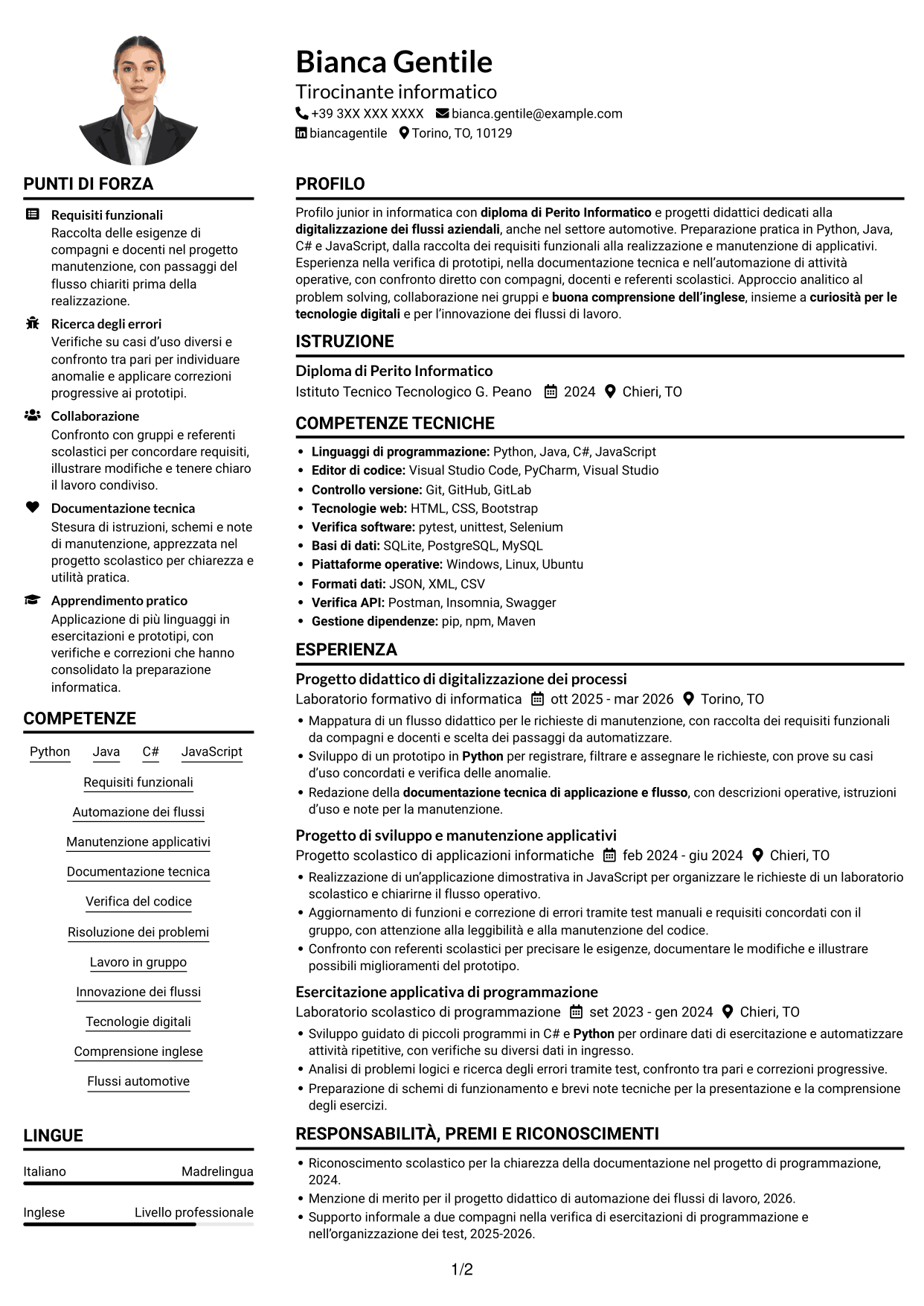 Esempio di curriculum — pagina 1
