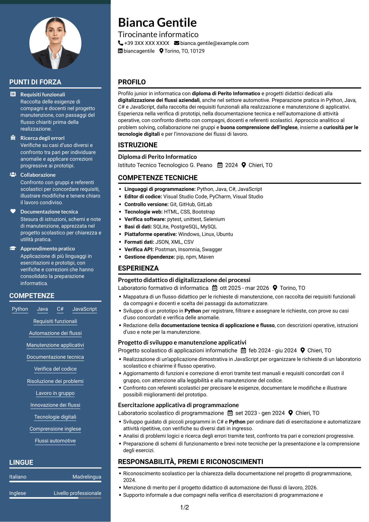CV Elegante (formato con colonna laterale colorata e foto): Tirocinante informatico - Digitalizzazione dei processi informatici, pagina 1