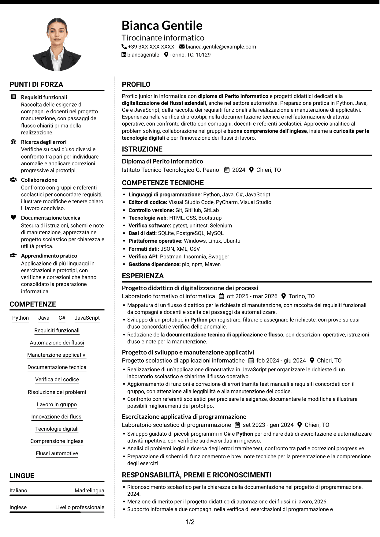 CV Moderno (formato a due colonne con foto a sinistra e separatore): Tirocinante informatico - Digitalizzazione dei processi informatici, pagina 1