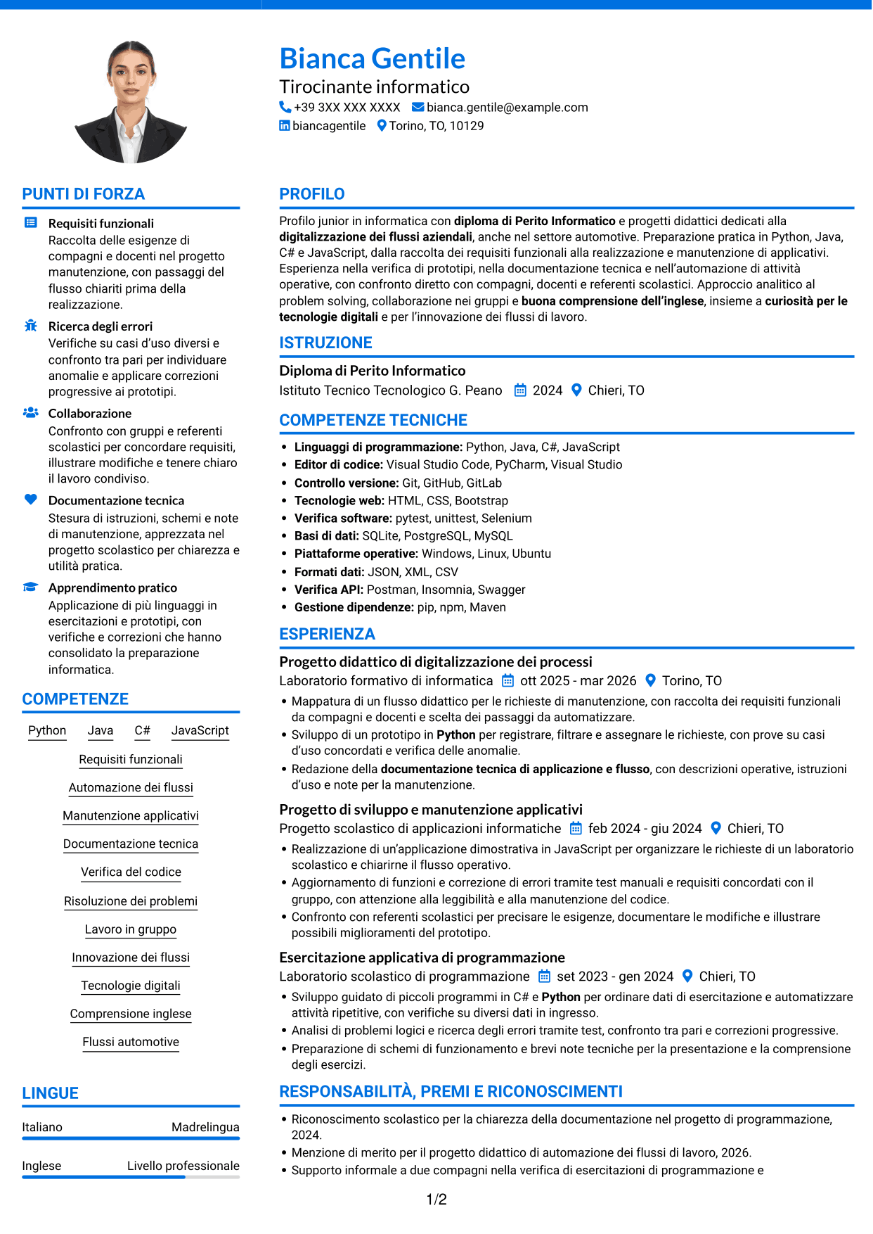 CV Audace (formato a due colonne con accenti colorati e foto): Tirocinante informatico - Digitalizzazione dei processi informatici, pagina 1