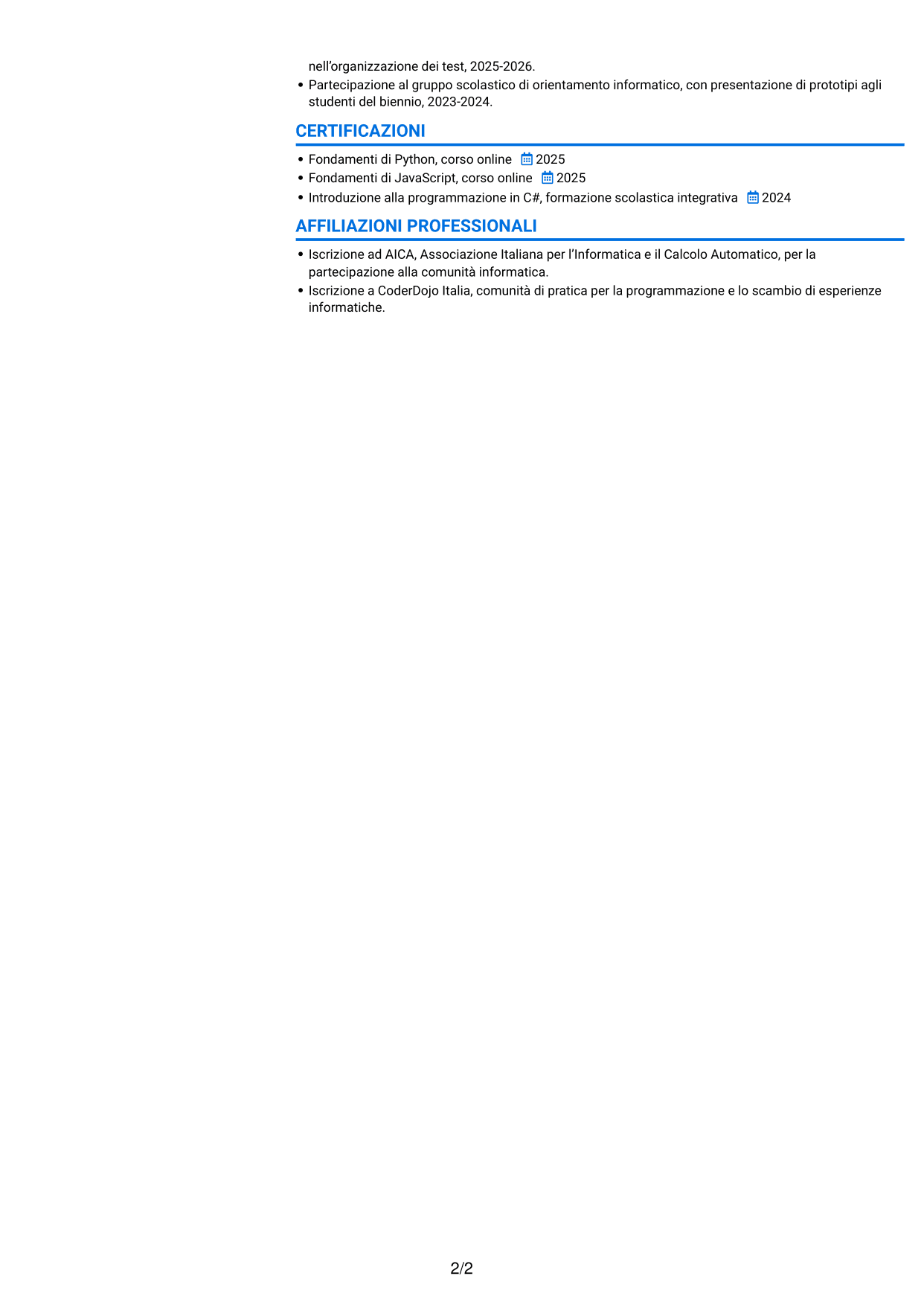 CV Audace (formato a due colonne con accenti colorati e foto): Tirocinante informatico - Digitalizzazione dei processi informatici, pagina 2