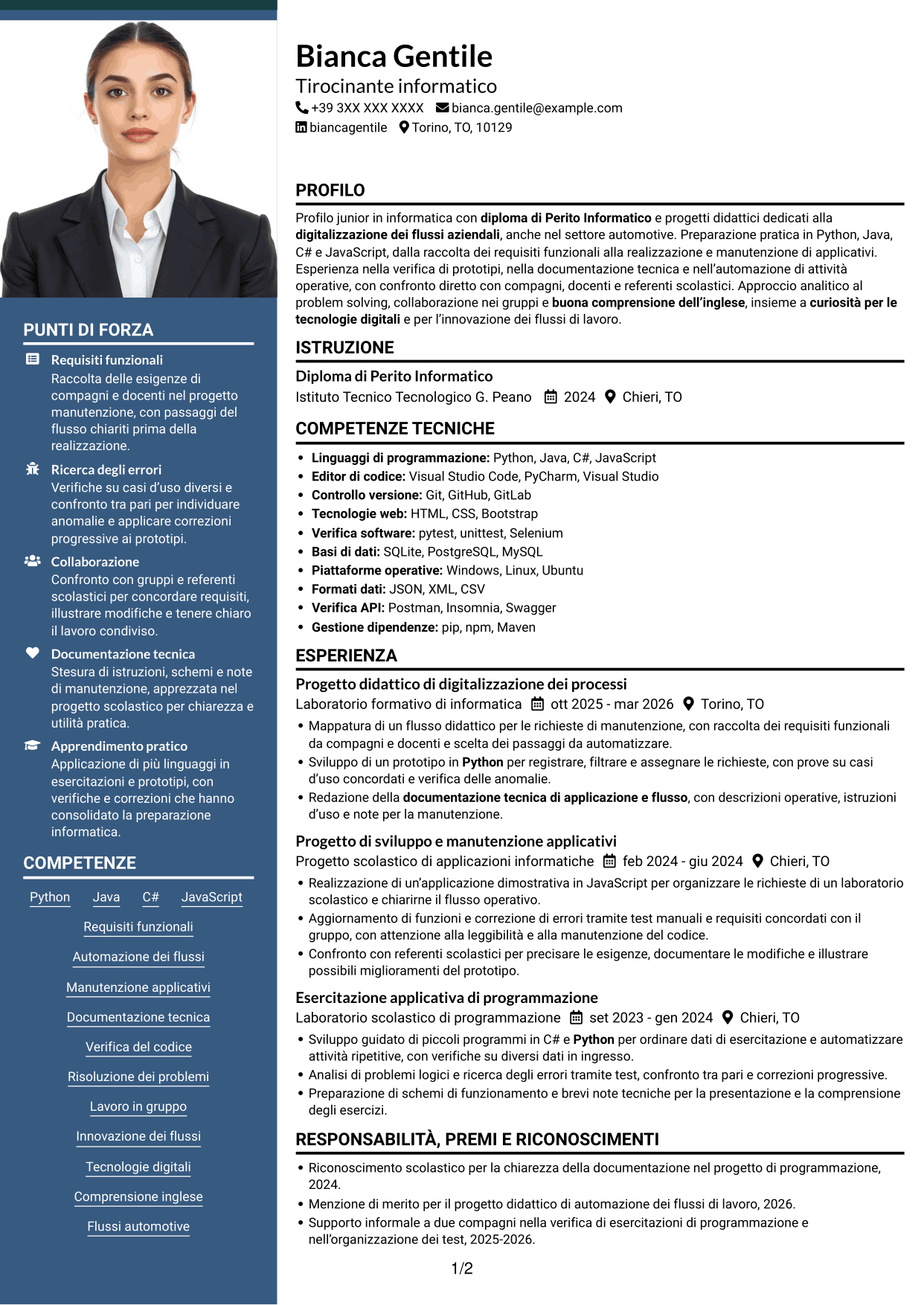 CV Signature (formato con colonna laterale colorata e foto grande): Tirocinante informatico - Digitalizzazione dei processi informatici, pagina 1