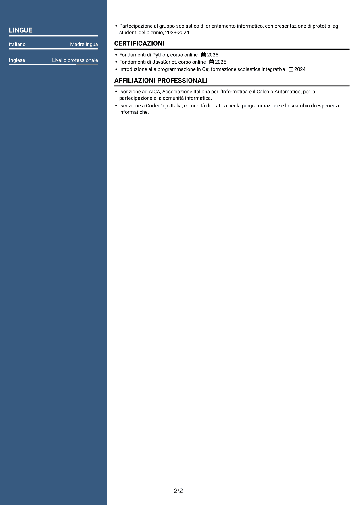 CV Signature (formato con colonna laterale colorata e foto grande): Tirocinante informatico - Digitalizzazione dei processi informatici, pagina 2