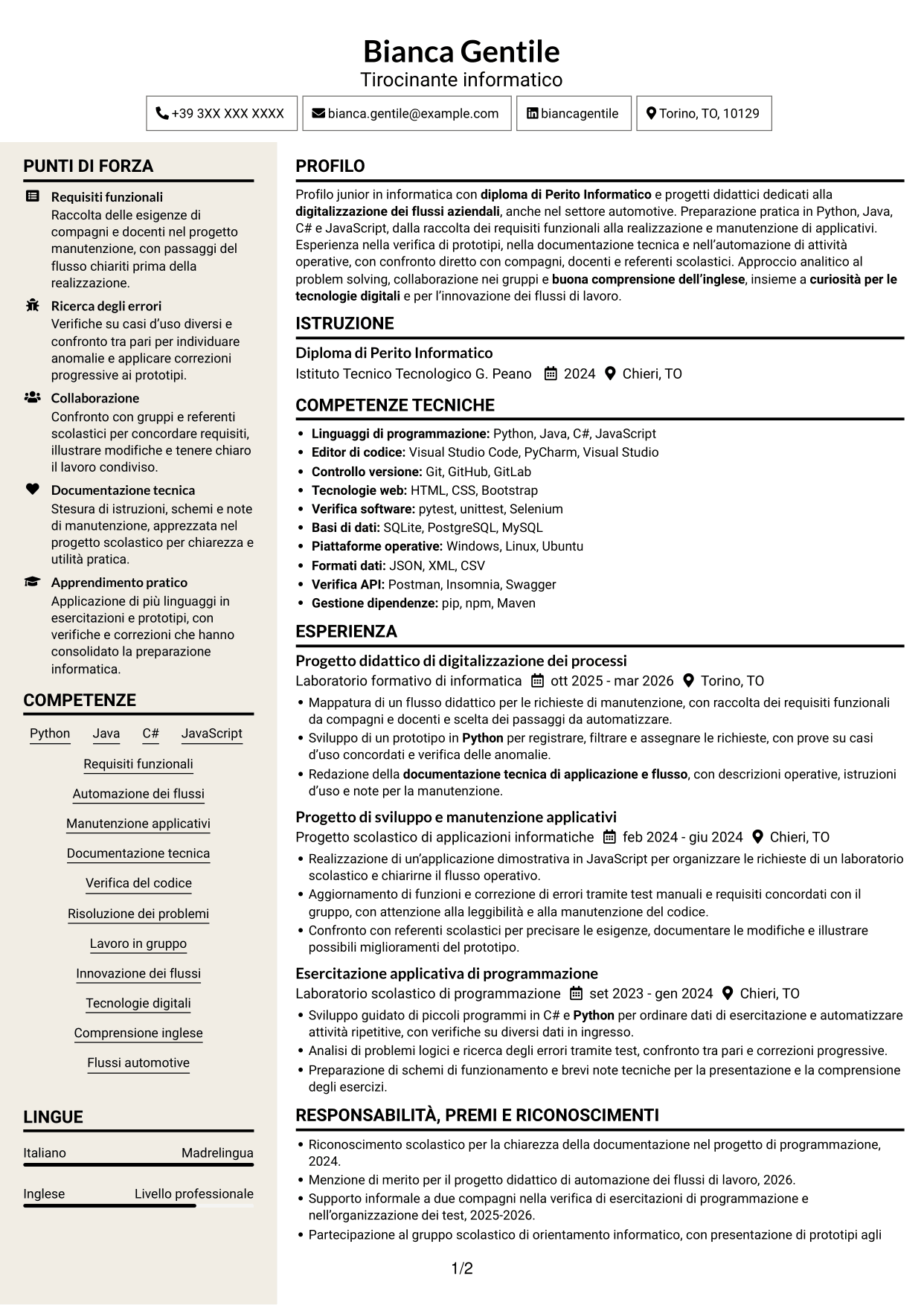 CV Intraprendente (formato a due colonne con intestazione centrata senza foto): Tirocinante informatico - Digitalizzazione dei processi informatici, pagina 1