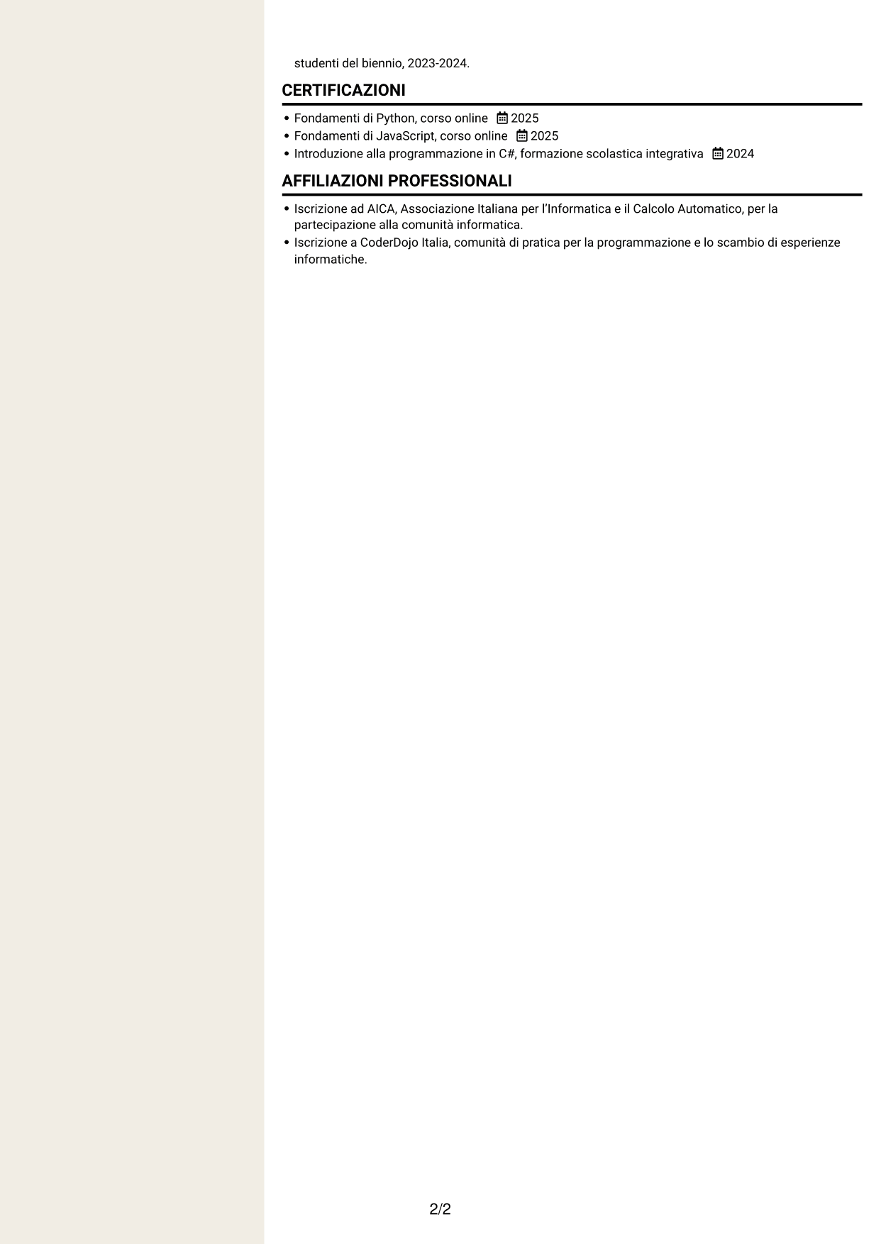 CV Intraprendente (formato a due colonne con intestazione centrata senza foto): Tirocinante informatico - Digitalizzazione dei processi informatici, pagina 2