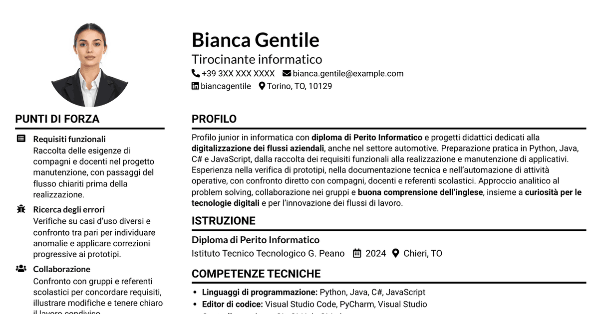 7 modelli di CV per Tirocinante informatico - Digitalizzazione dei processi informatici, con esempi