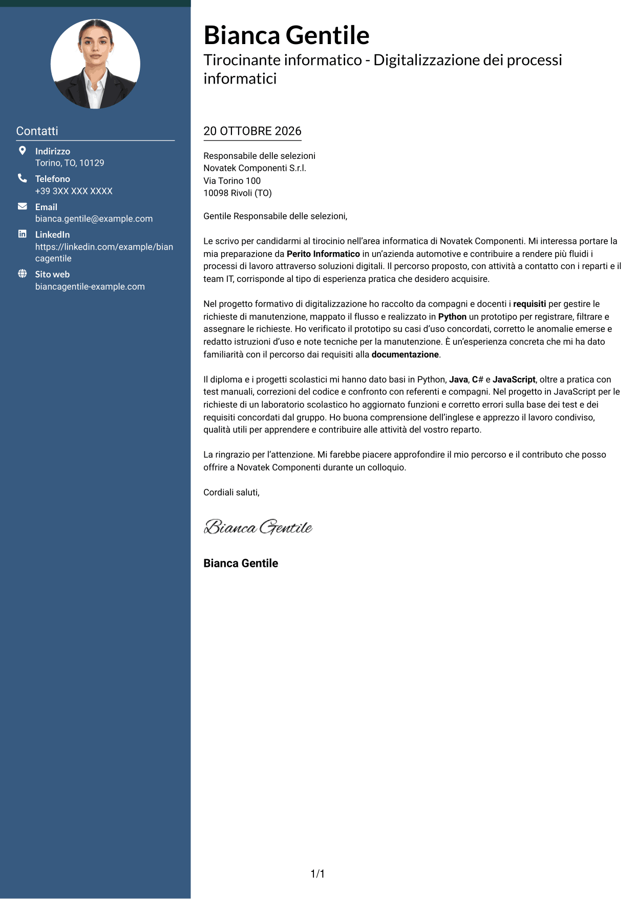 Lettera di presentazione Elegante (formato con colonna laterale colorata e foto): Tirocinante informatico - Digitalizzazione dei processi informatici, pagina 1
