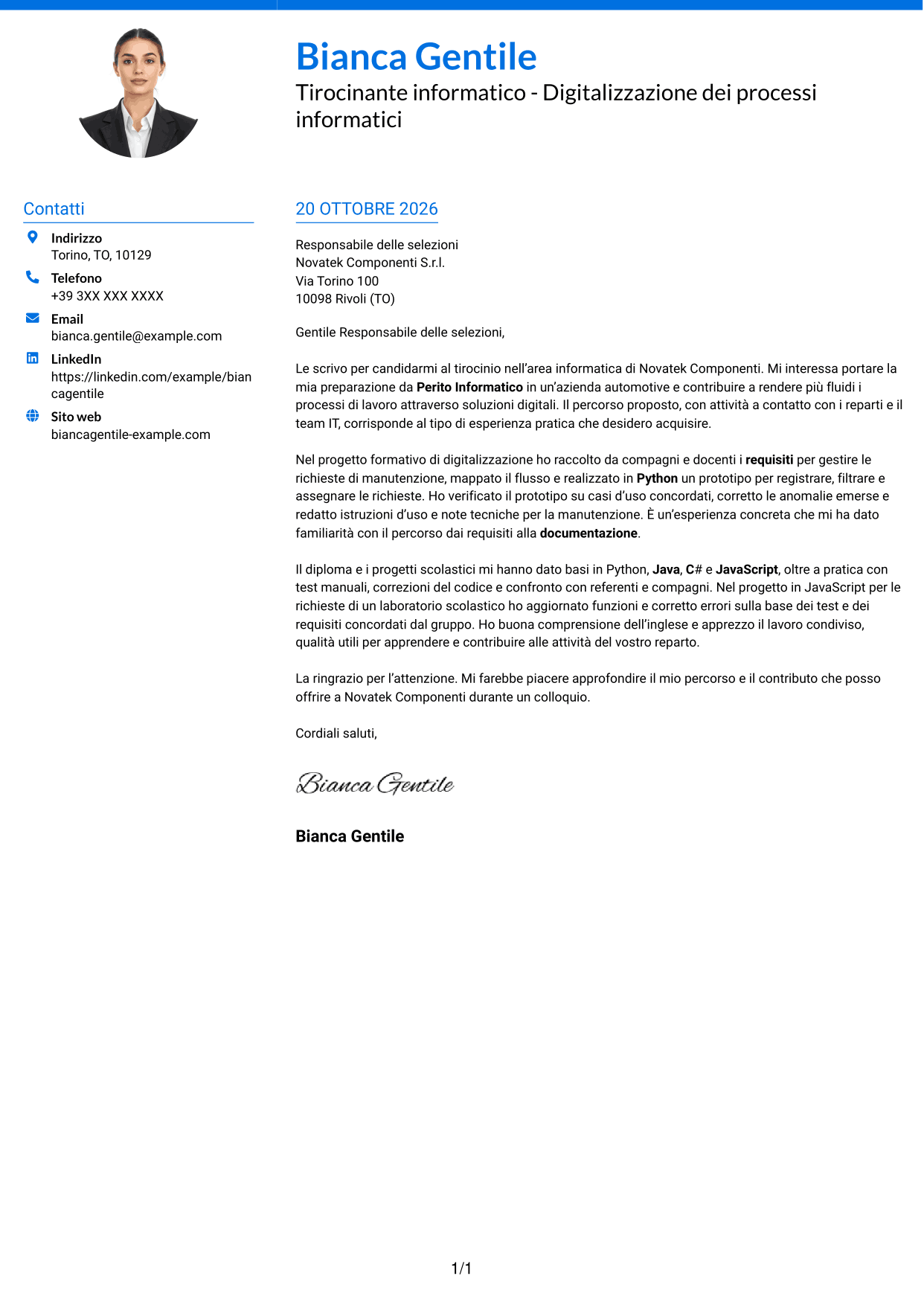 Lettera di presentazione Audace (formato a due colonne con accenti colorati e foto): Tirocinante informatico - Digitalizzazione dei processi informatici, pagina 1
