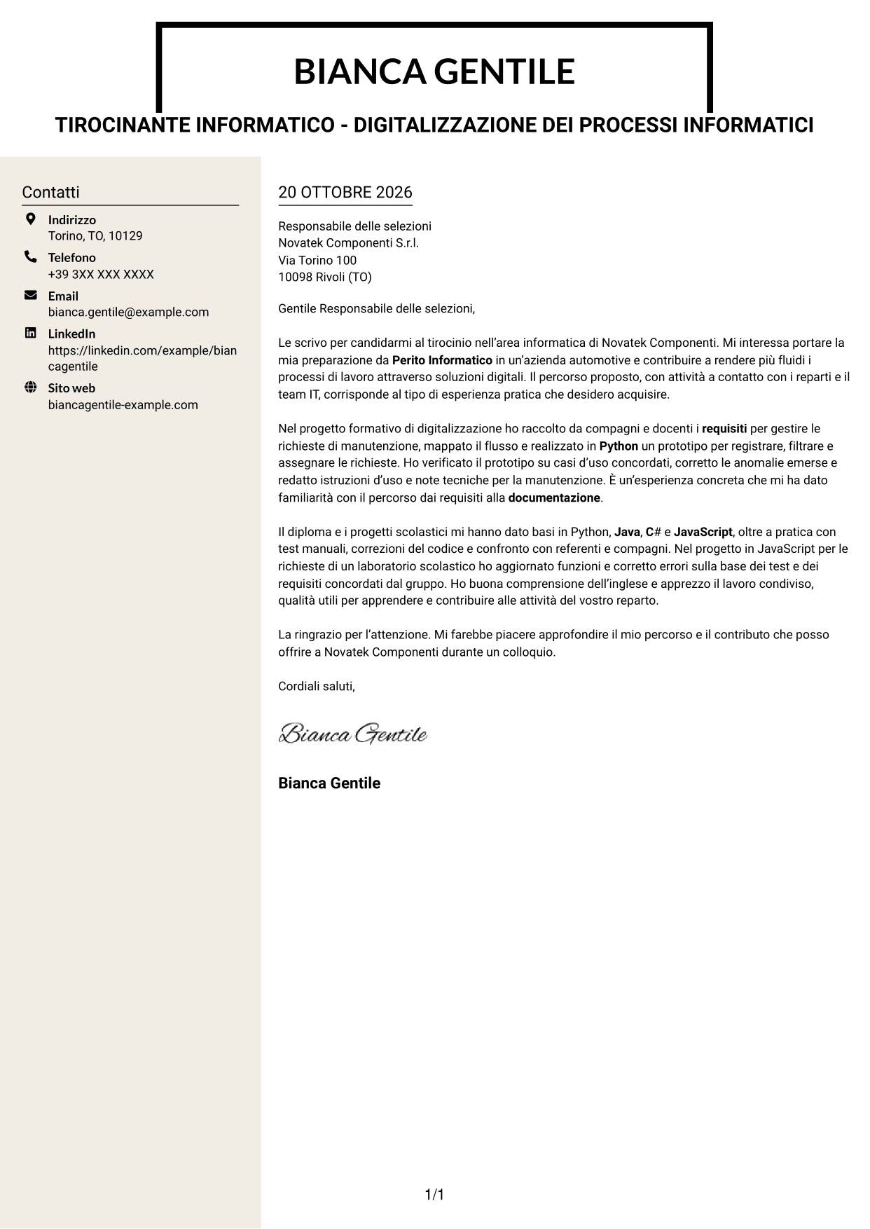 Lettera di presentazione Intraprendente (formato a due colonne con intestazione centrata senza foto): Tirocinante informatico - Digitalizzazione dei processi informatici, pagina 1