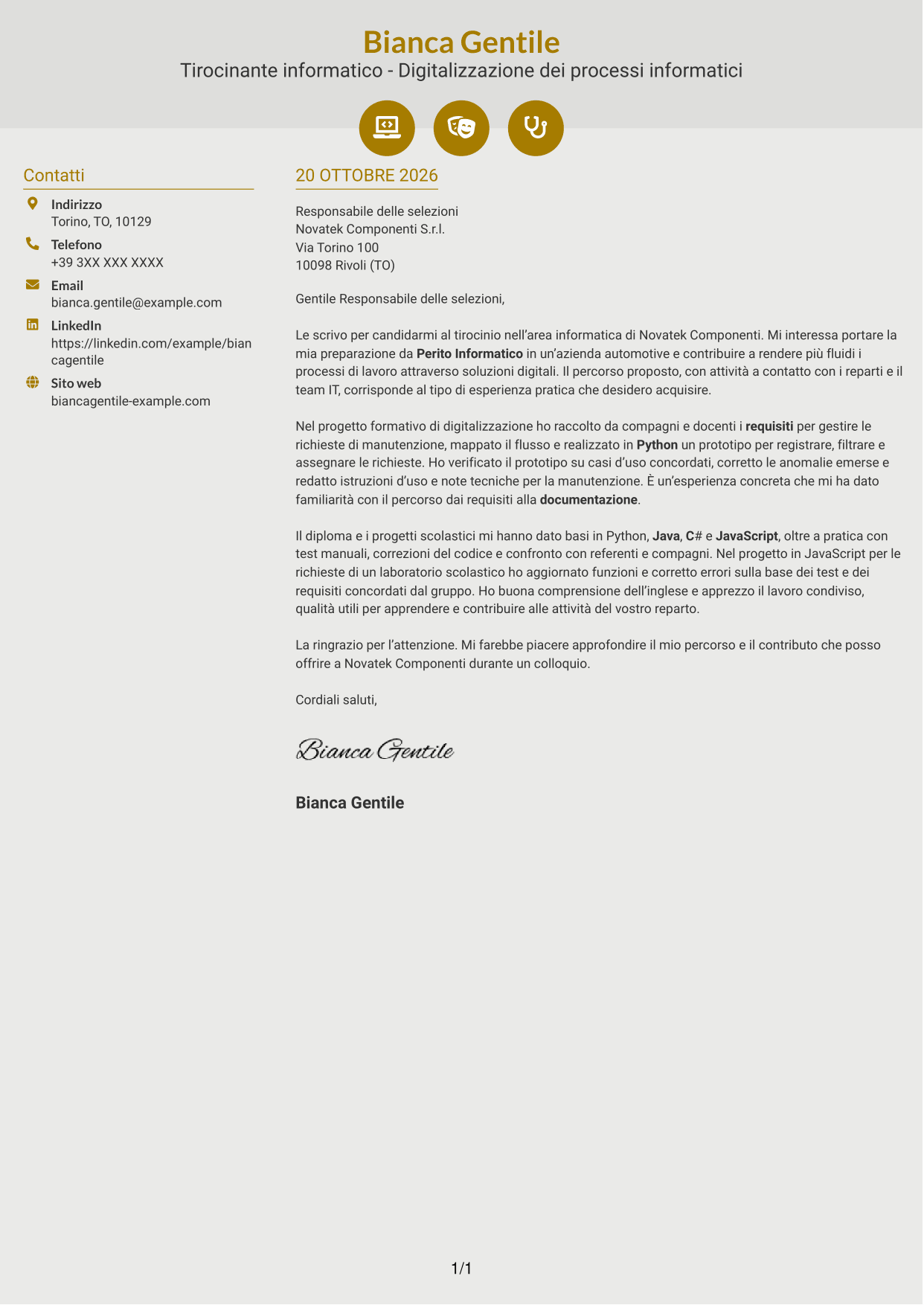 Lettera di presentazione Dinamico (formato a due colonne con icone): Tirocinante informatico - Digitalizzazione dei processi informatici, pagina 1