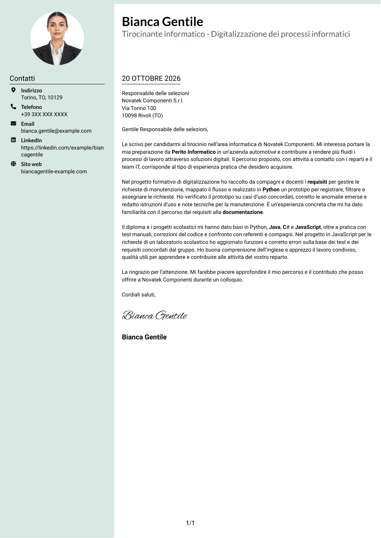 Lettera di presentazione Dirigente (formato con colonna laterale tenue e foto arrotondata): Tirocinante informatico - Digitalizzazione dei processi informatici, pagina 1