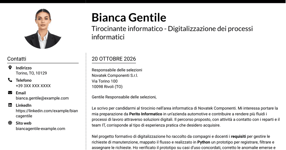 7 modelli di lettera di presentazione per Tirocinante informatico - Digitalizzazione dei processi informatici, con esempi