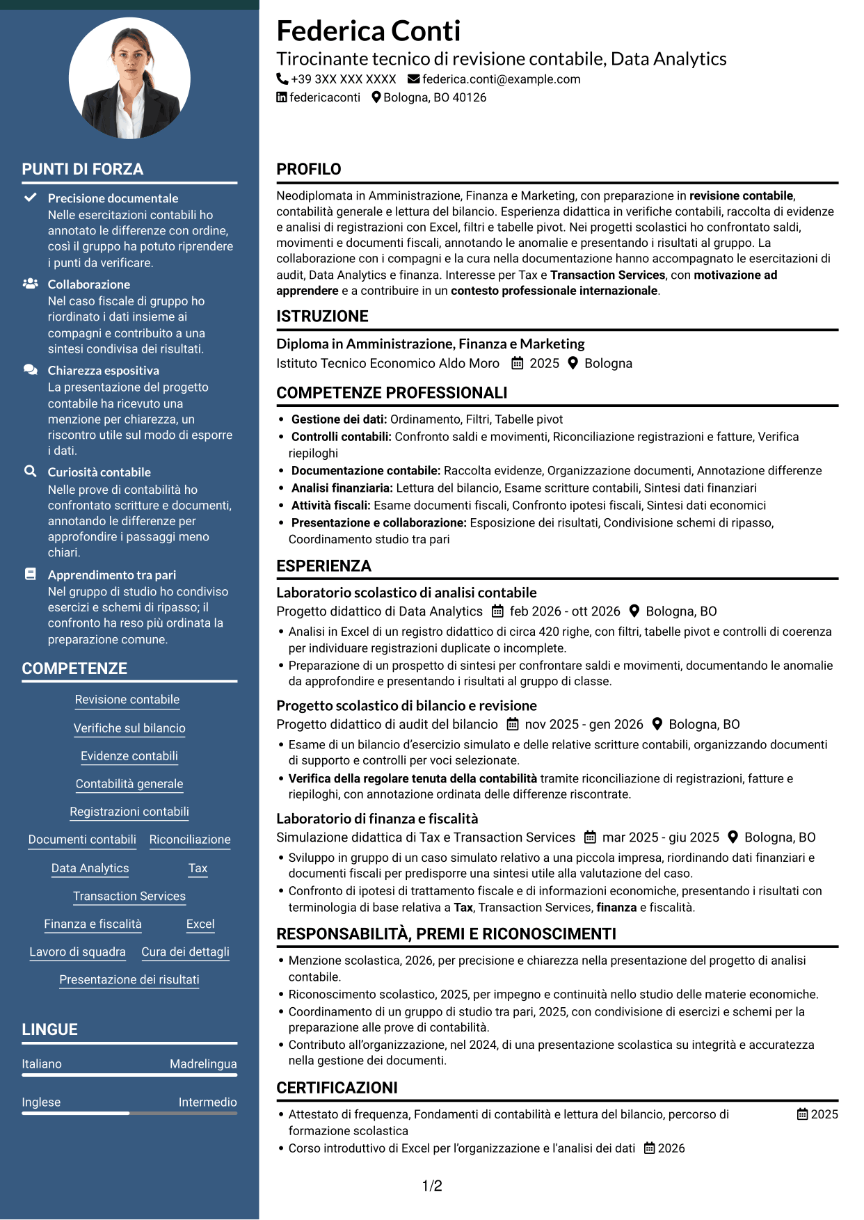 CV Elegante (formato con colonna laterale colorata e foto): Tirocinante tecnico di revisione contabile - Data Analytics, pagina 1