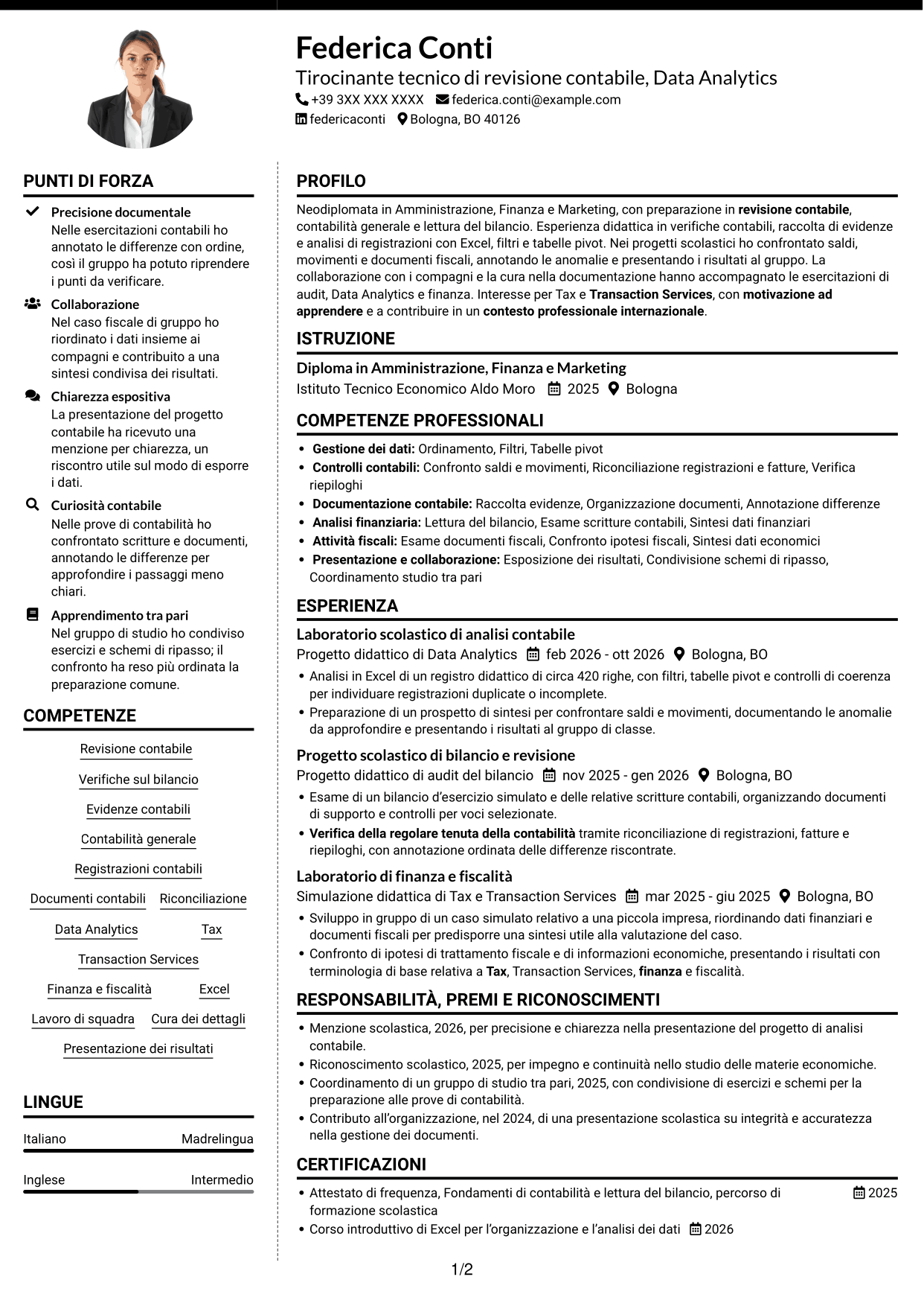 CV Moderno (formato a due colonne con foto a sinistra e separatore): Tirocinante tecnico di revisione contabile - Data Analytics, pagina 1