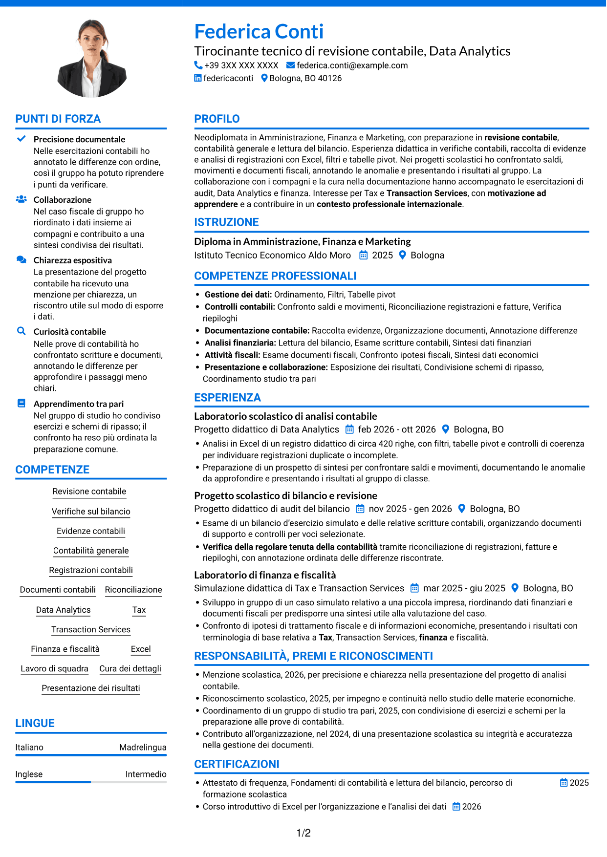 CV Audace (formato a due colonne con accenti colorati e foto): Tirocinante tecnico di revisione contabile - Data Analytics, pagina 1