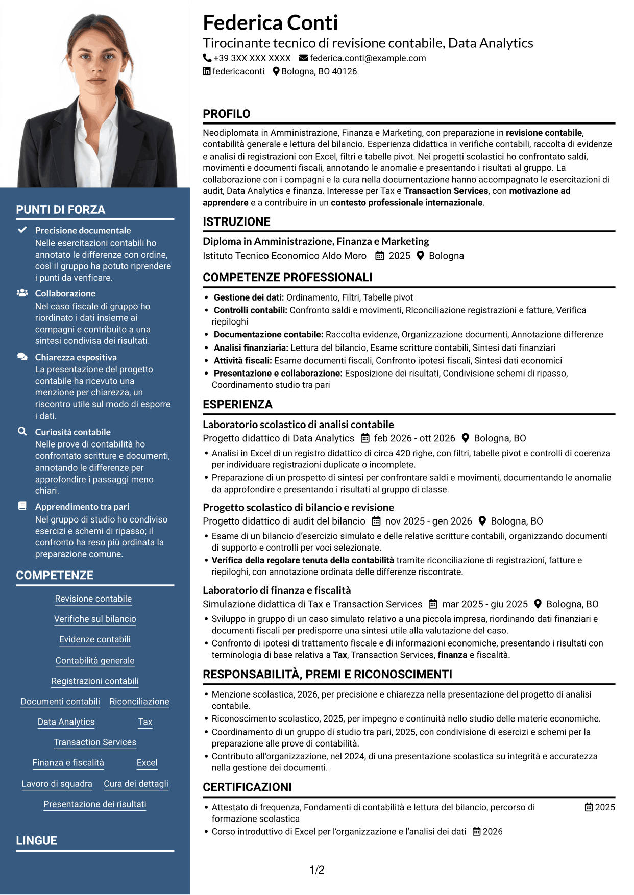 CV Signature (formato con colonna laterale colorata e foto grande): Tirocinante tecnico di revisione contabile - Data Analytics, pagina 1