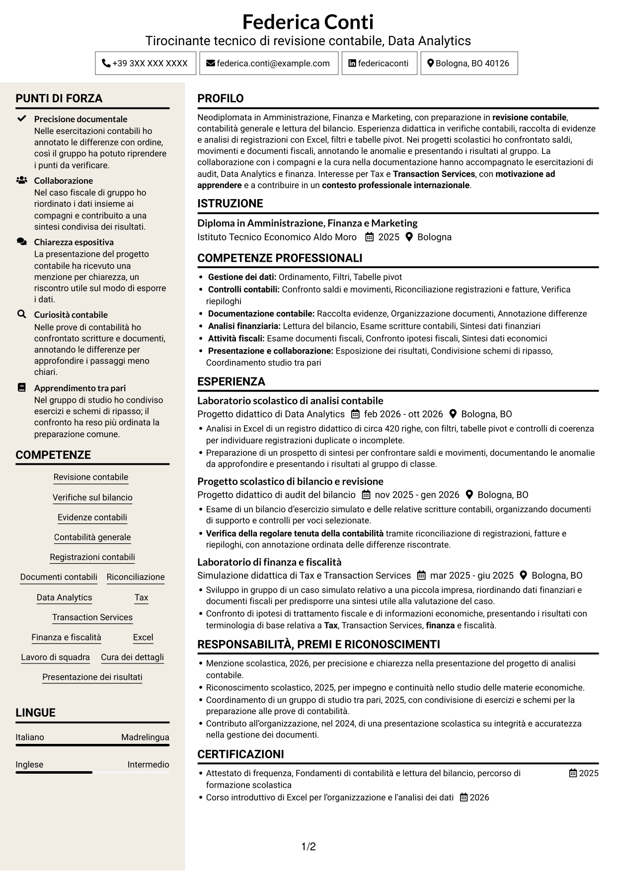 CV Intraprendente (formato a due colonne con intestazione centrata senza foto): Tirocinante tecnico di revisione contabile - Data Analytics, pagina 1