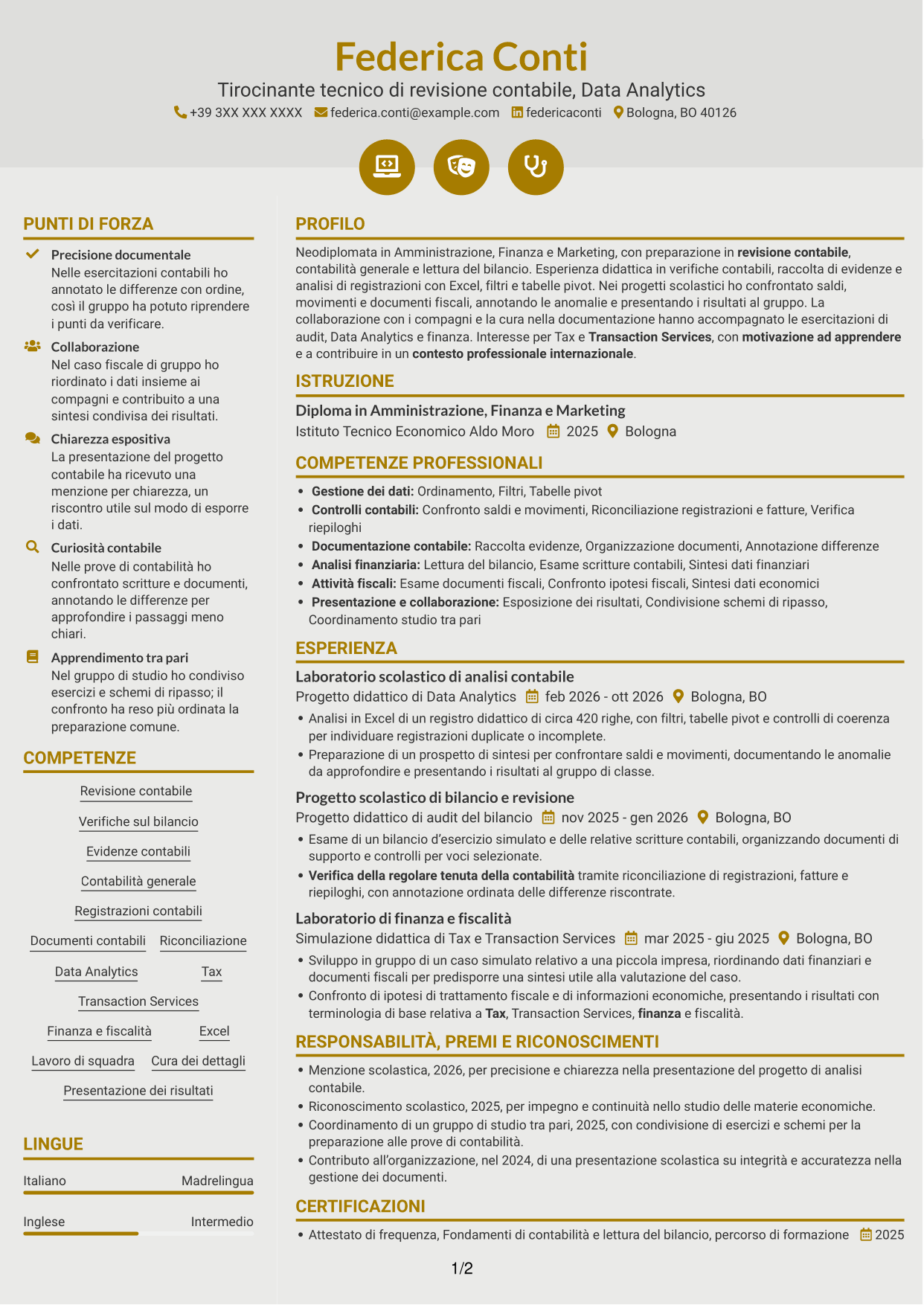 CV Dinamico (formato a due colonne con icone): Tirocinante tecnico di revisione contabile - Data Analytics, pagina 1