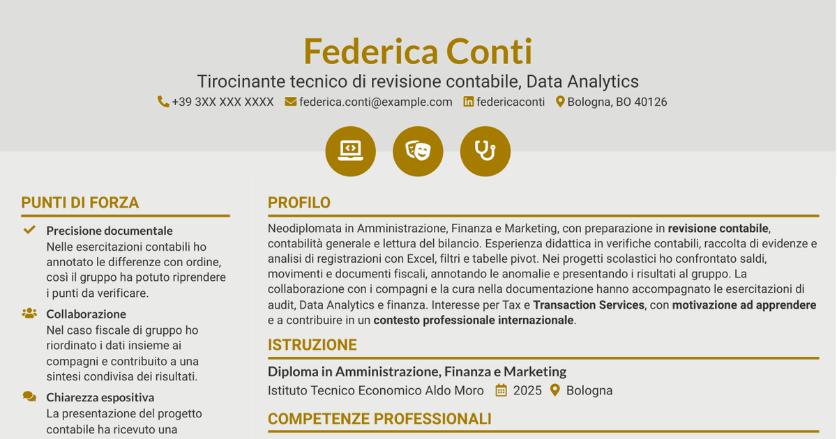 7 modelli di CV per Tirocinante tecnico di revisione contabile - Data Analytics, con esempi