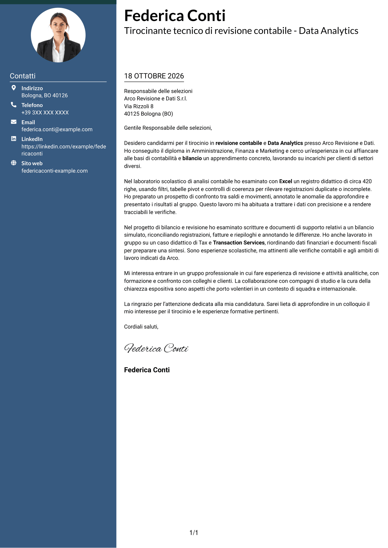 Lettera di presentazione Elegante (formato con colonna laterale colorata e foto): Tirocinante tecnico di revisione contabile - Data Analytics, pagina 1