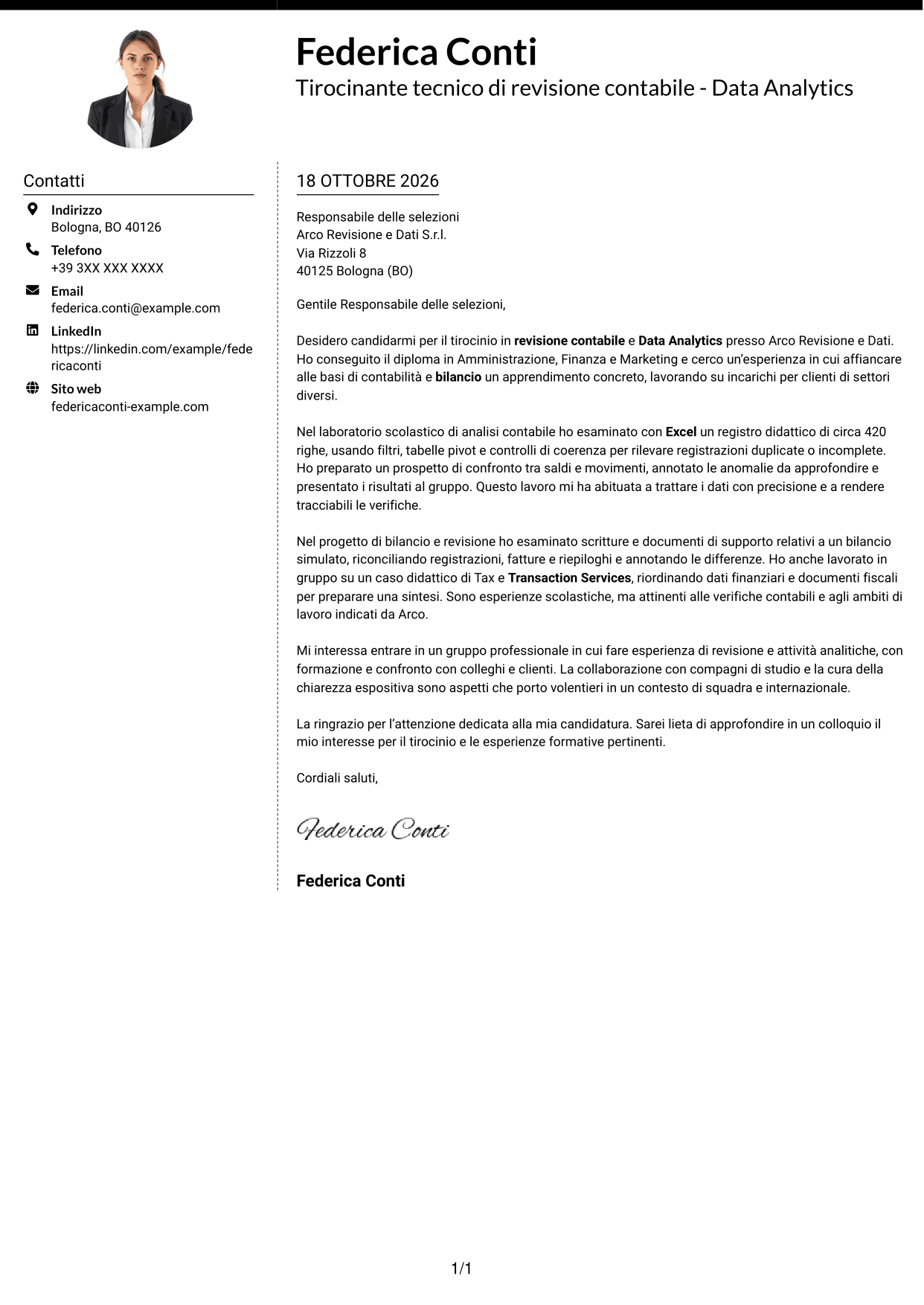 Lettera di presentazione Moderno (formato a due colonne con foto a sinistra e separatore): Tirocinante tecnico di revisione contabile - Data Analytics, pagina 1