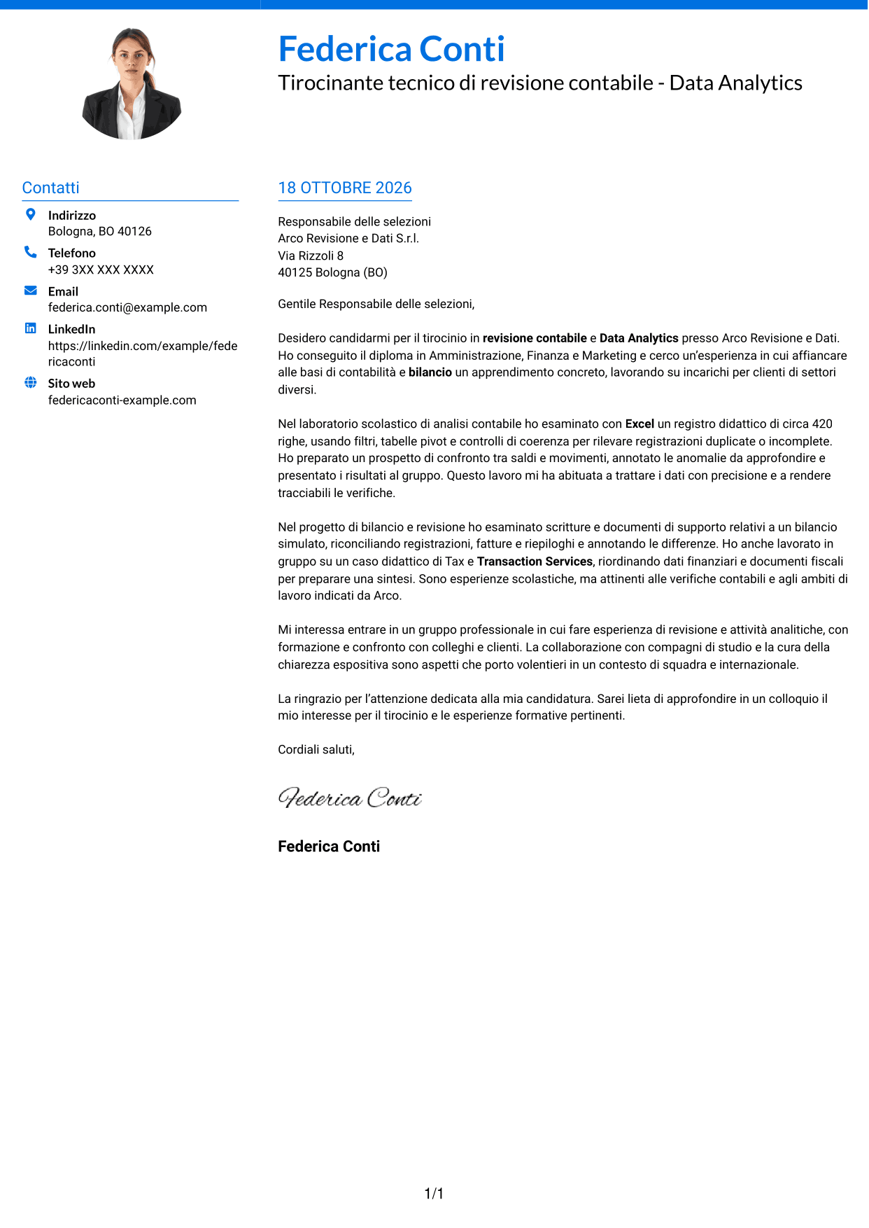 Lettera di presentazione Audace (formato a due colonne con accenti colorati e foto): Tirocinante tecnico di revisione contabile - Data Analytics, pagina 1
