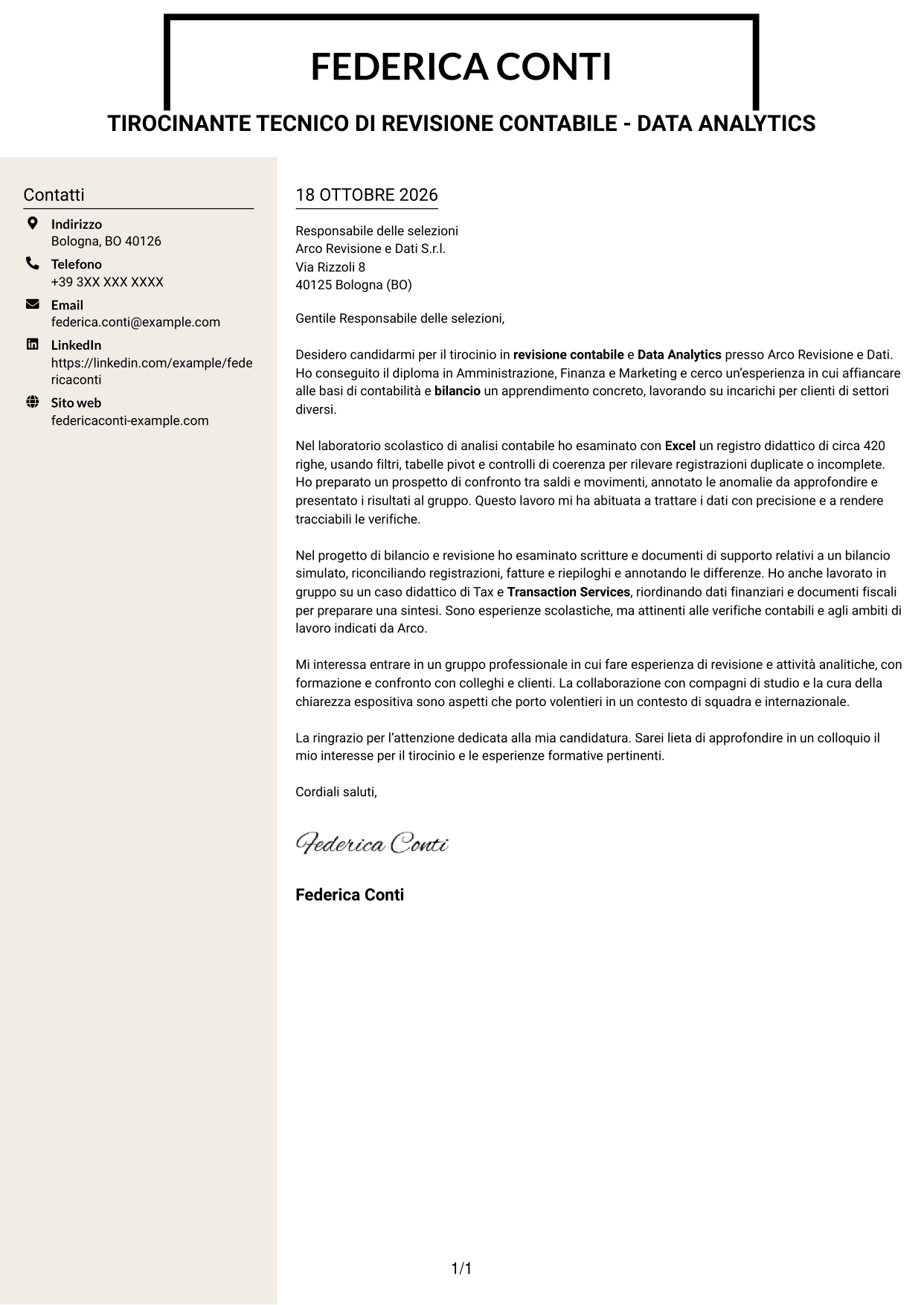 Lettera di presentazione Intraprendente (formato a due colonne con intestazione centrata senza foto): Tirocinante tecnico di revisione contabile - Data Analytics, pagina 1